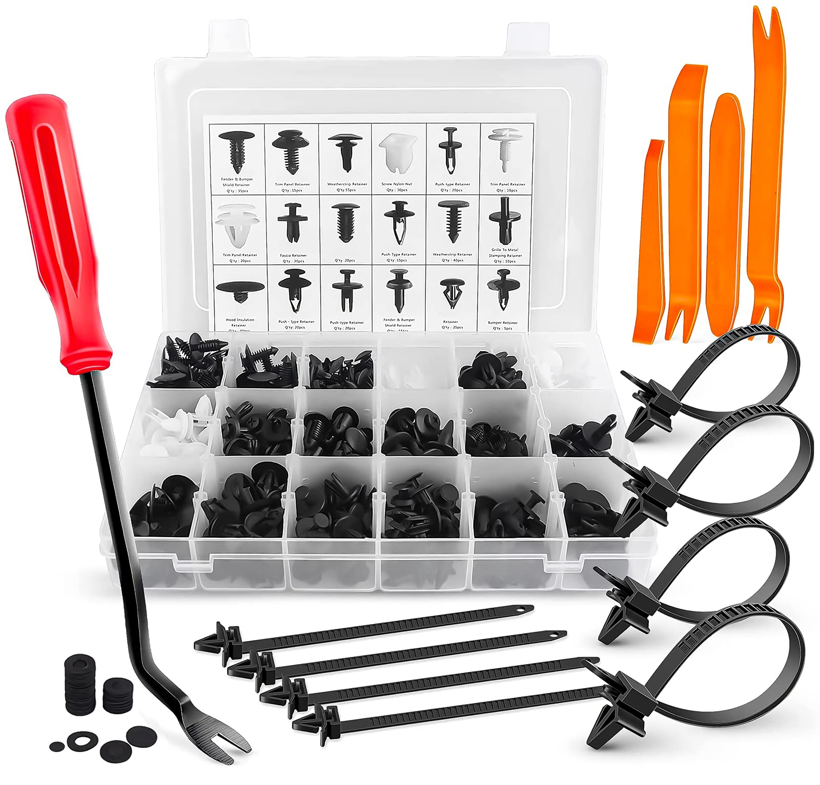 415 PCS Car Bumper Retainer Clips & Nylon Fasteners Rivet Kit with 10 Cable Ties and Fasteners Remover, 18 Most Popular Sizes Auto Push Pin Rivets Set, Door Trim Panel Clips (415PCS Clips + Remover)