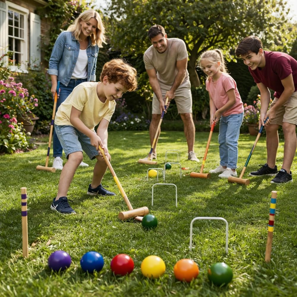 Jeu de Croquet en Bois pour 6 Joueurs, Set Complet avec Chariot de Transport, 6 Maillets, 6 Boules, 8 Arceaux Métalliques, pour Jardin et Extérieur