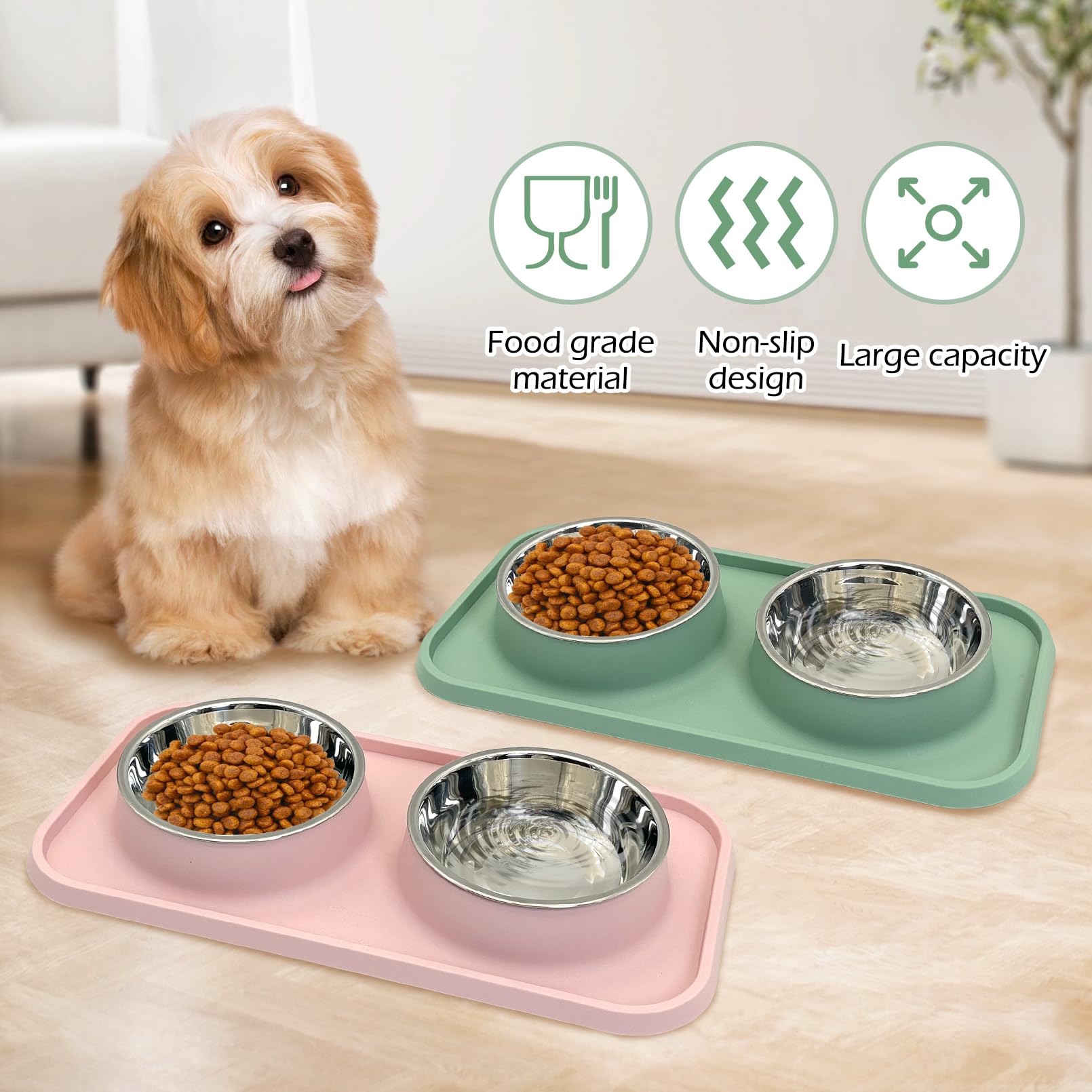 BNOSDM 2 cuencos dobles de comida para perros, cuencos de acero inoxidable para comida y agua para perros pequeños con alfombrilla de plástico antiderrames, juego de platos para cachorros, gatos