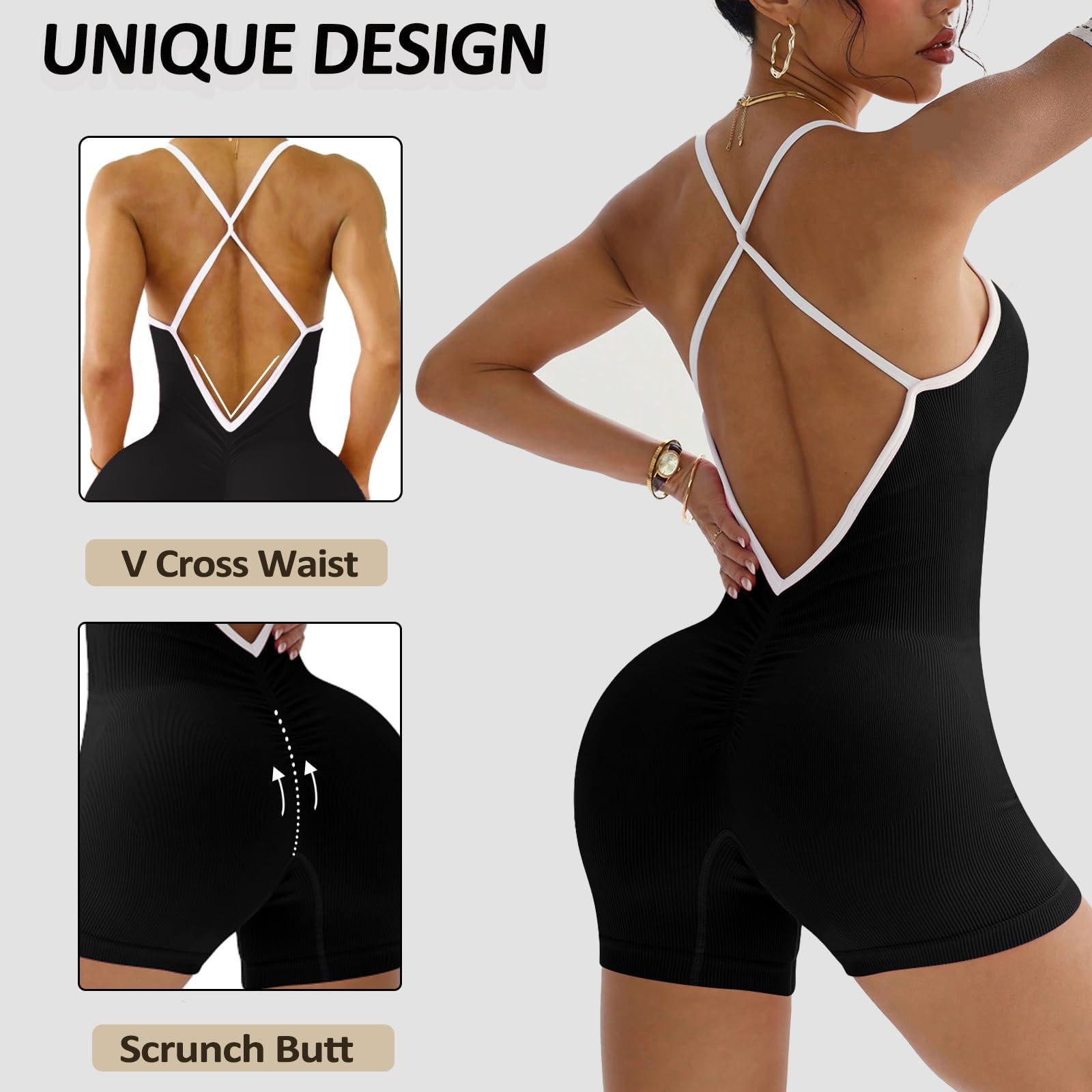 Tuta Intera Donna Sportiva Elegante Tight Scrunch Butt V back Jumpsuit Tuta senza Slims maniche per sport senza schiena tuta yoga con tuta intera elasticizzata One Piece Palestra Bodysuit