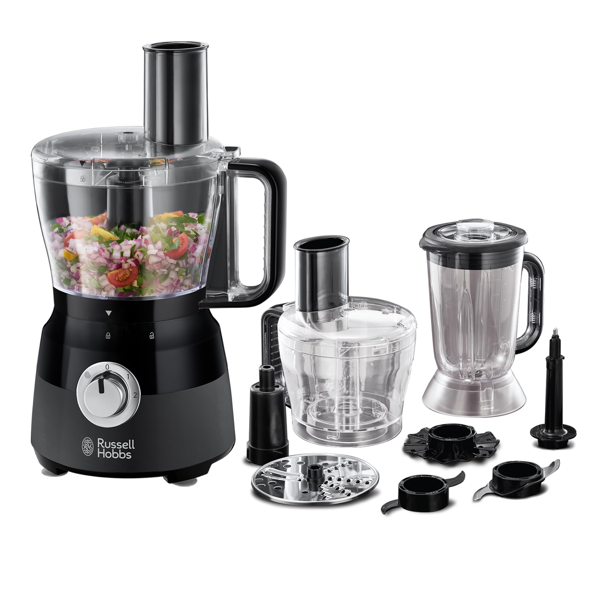 Russell Hobbs Procesador de Alimentos Matte Black - Cuchilla Acero Inoxidable, Disco Corte y Rallado, Amasador, Disco para Cremas, Jarra Batidora 1,​5L, 2 Velocidades, Función Pulse, Negro - 24732-​56