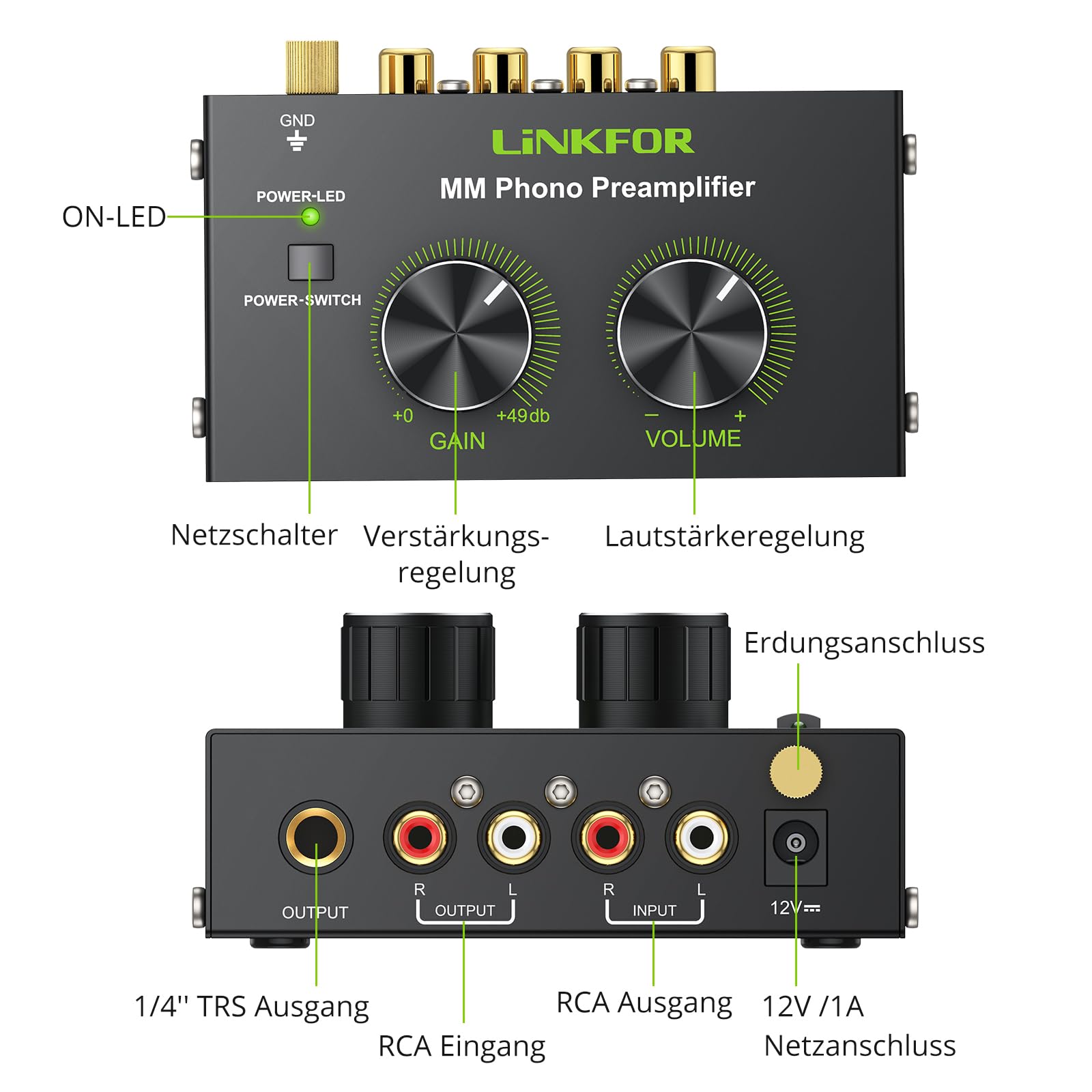 LiNKFOR Phono-Vorverstärker Phonograph-Vorverstärker Ultra-Kompakter Vorverstärker mit Netzschalter Lautstärkeregler Cinch Eingang/Ausgang 1/4'' TRS-Ausgang DC 12V für Plattenspieler mit MM-Abtast
