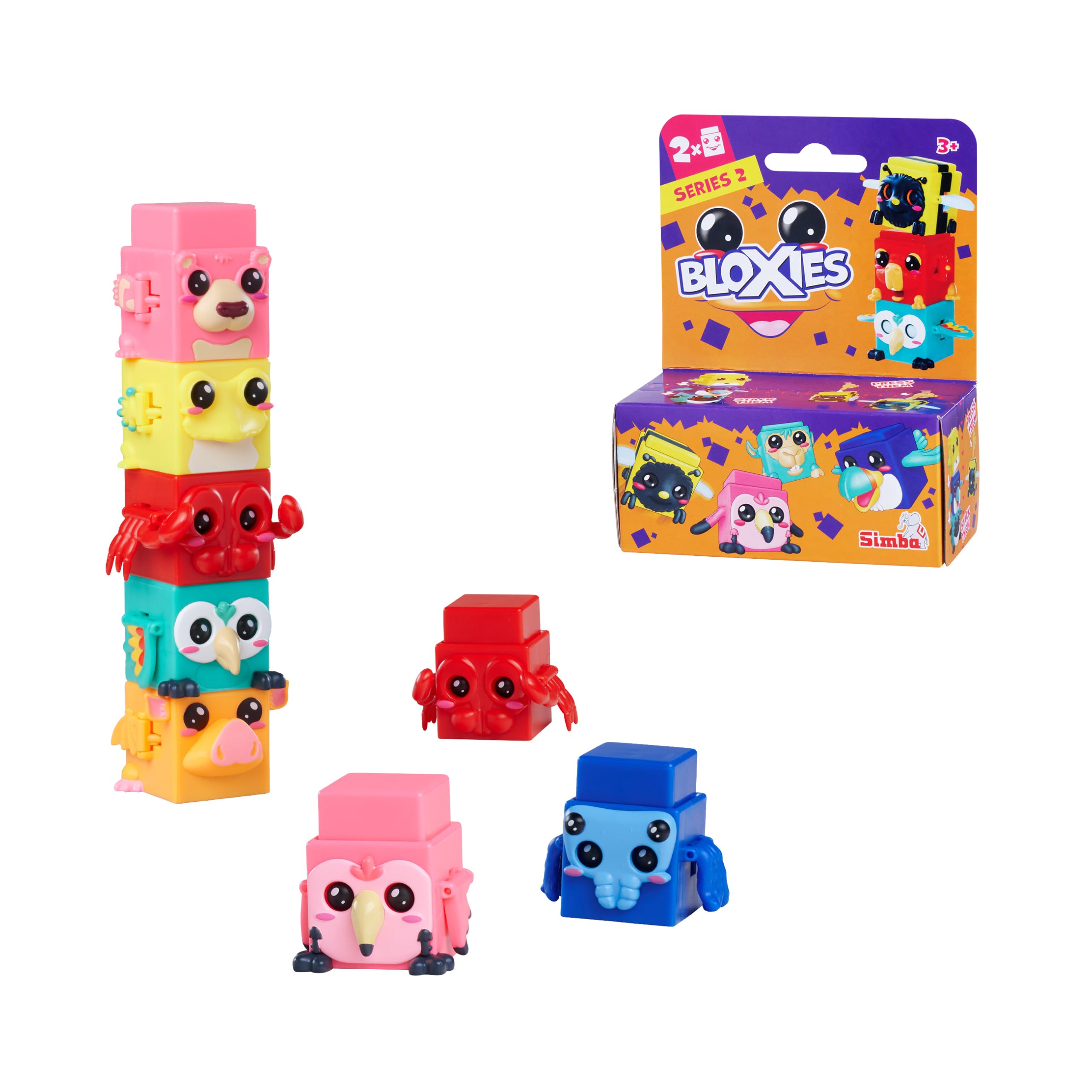 Simba Toys Bloxies Figur Serie II (2 Stück) – Tier-Baustein zum Stapeln und Sammeln, lustiger Bewegungseffekt, 4,5 cm, Auswahl per Zufallsprinzip, Spielzeug ab 3 Jahren