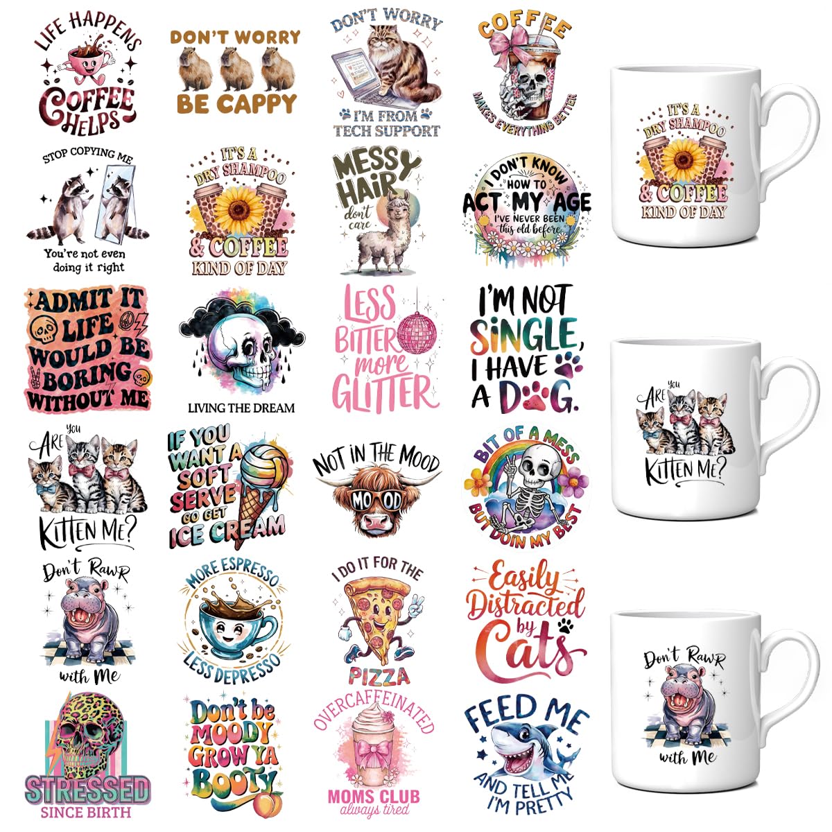 Obookey UV DTF Cup Wraps Transfer - 24 Sheets Sarcastic Quotes UV DTF Cup Wrap for 16 oz Glass, Water Bottles Coffee Mugs Glass Cups Transfers,