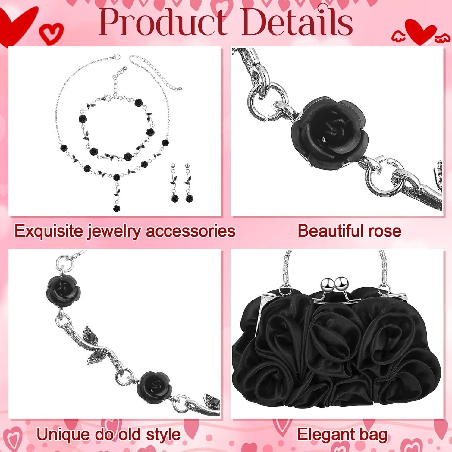 Hicarer 5 Pcs Women Rose Clutch Purse Rose Jewelry Set Evening Handbag Gold Necklace Earring Bracelet for Valentines Gifts - Image 3