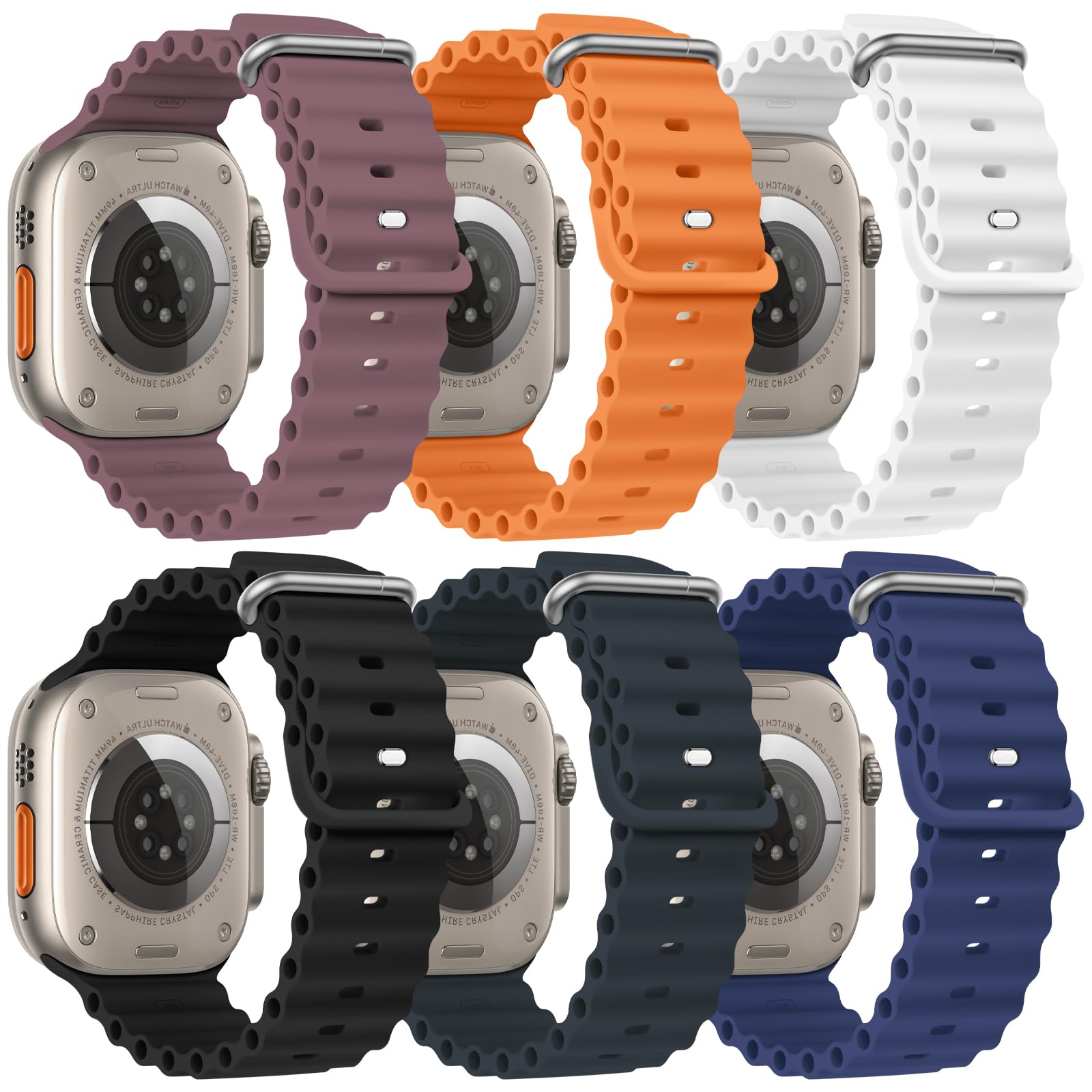 6 Pack Ocean Band Compatible with Apple Watch Band Ultra 49mm for Women Men, Silicone Adjustable Sport Band with Metal Buckle for Apple Watch iWatch Ultra 1 2 Series Strap
