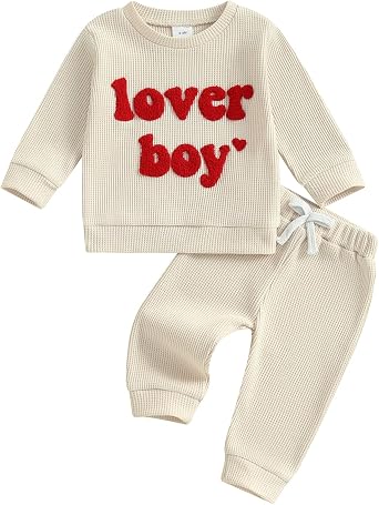 Toddler Baby Boy Valentines Outfit Letter Embroidery Waffle Knit Sweatshirt Pants Set Cute Spring Fall Clothes