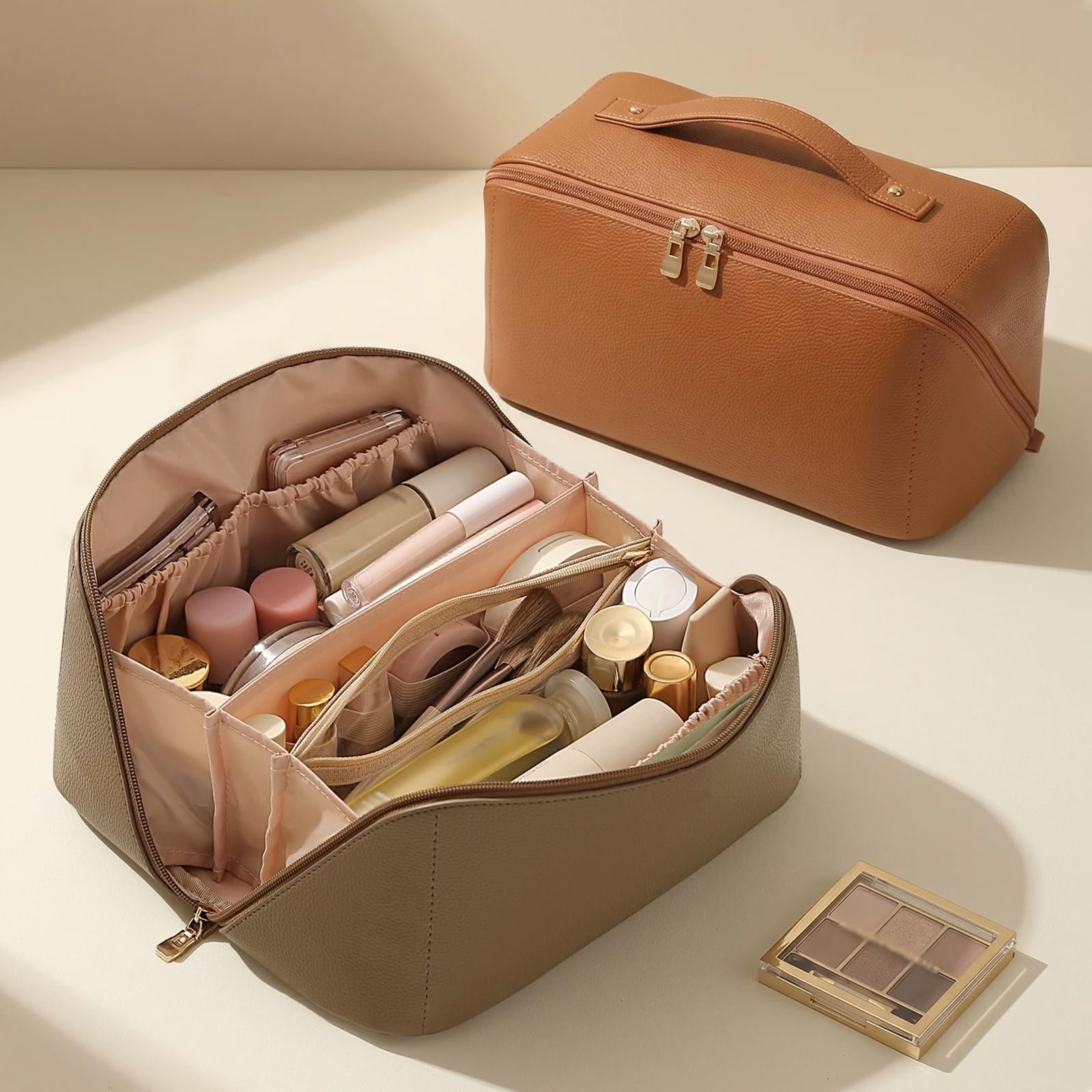 Beauty Case da Viaggio, Borsa da Toilette Viaggio per Donna, Ampia Apertura Panoramica, Cuciture di Precisione, Materiale PU Impermeabile, per Soddisfare le Esigenze Quotidiane(Green)