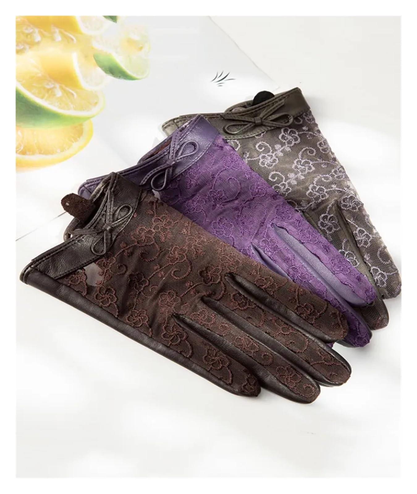 Women Breathable Patchwork Flower Lace Genuine Leather Gloves