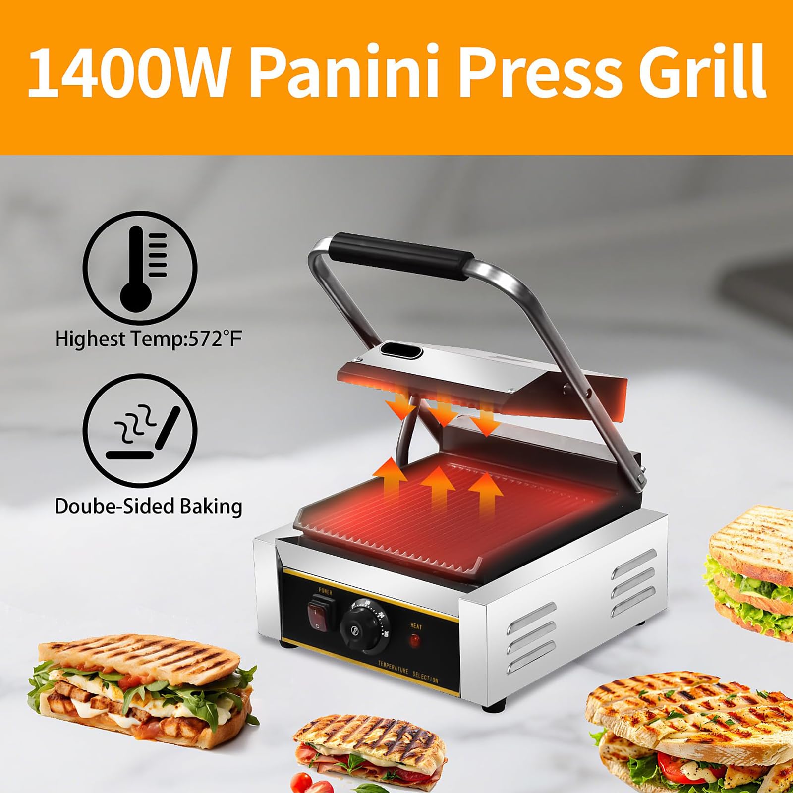 Commercial Panini Press, dwustronne ogrzewanie elektryczne kanapki Panini Grill z powłoką bezstronną i 50-300 ℃ Regulowana temperatura, maszyna do kanapki tosterowej dla hamburgerów steków