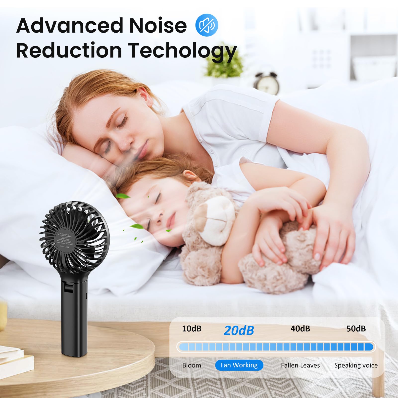 Ventilatore Portatile Ricaricabile 4000mAh - 3 Velocit&agrave;, Pieghevole, Supporto Telefono