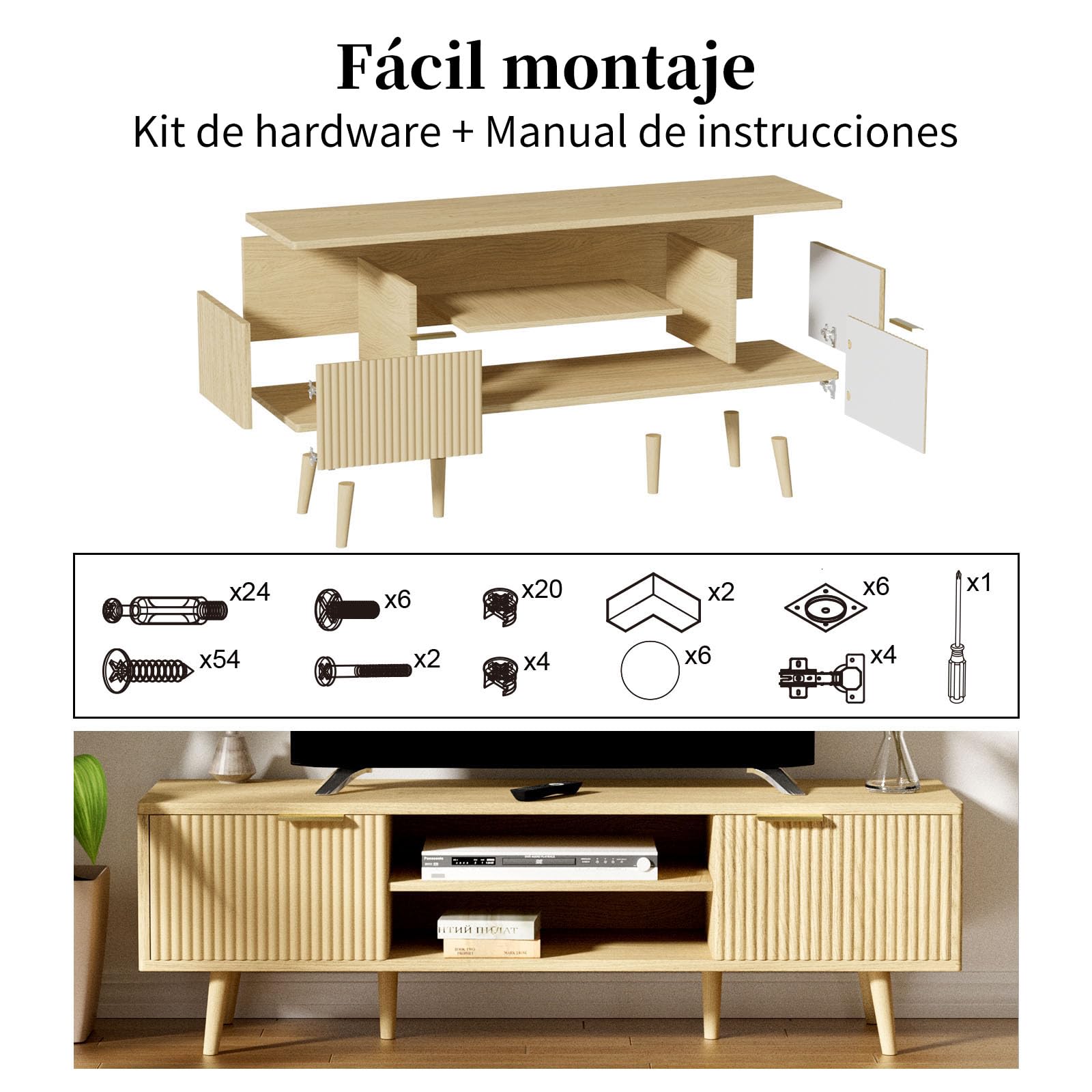 YLGJ&TIDY 140 CM Mueble de TV, Estilo Mid-Century Moderno Mesa de TV, 2 Almacenamiento Abierto & 2 Gabinetes Mueble Salon TV, Compatible con TV 55/60/65 Pulgadas, Madera Natural