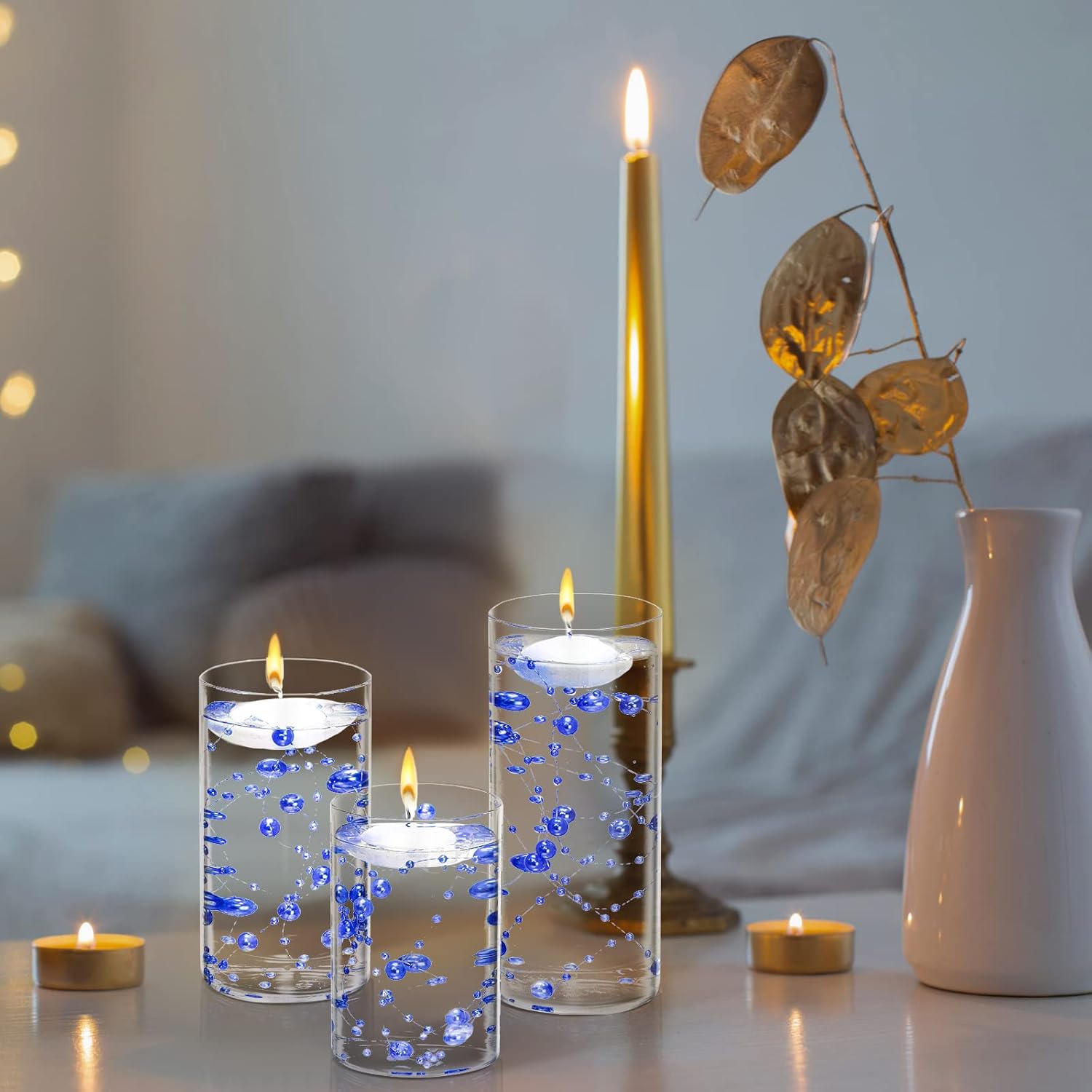 Hoolerry 9 Set Glass Cylinder Vases for Centerpieces, Multiple Size Clear Hurricane Candleholder with Floating Candles Artificial String for Wedding Table Decor(4",4.7", 6",Blue)