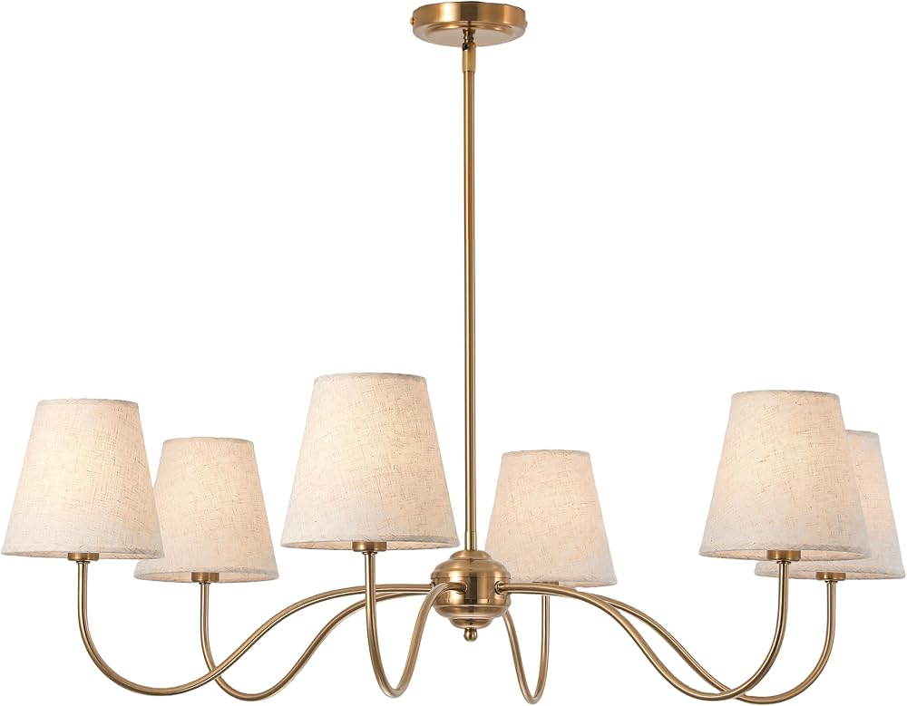 SEOL;38”Dia 6-Arm Warm Brass Farmhouse Dining Chandelier with Beige Shades — 사진 1