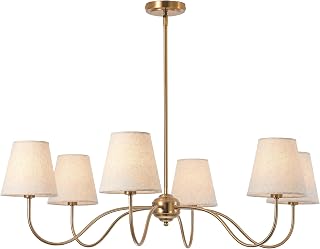 SEOL;38”Dia 6-Arm Warm Brass Farmhouse Dining Chandelier with Beige Shades