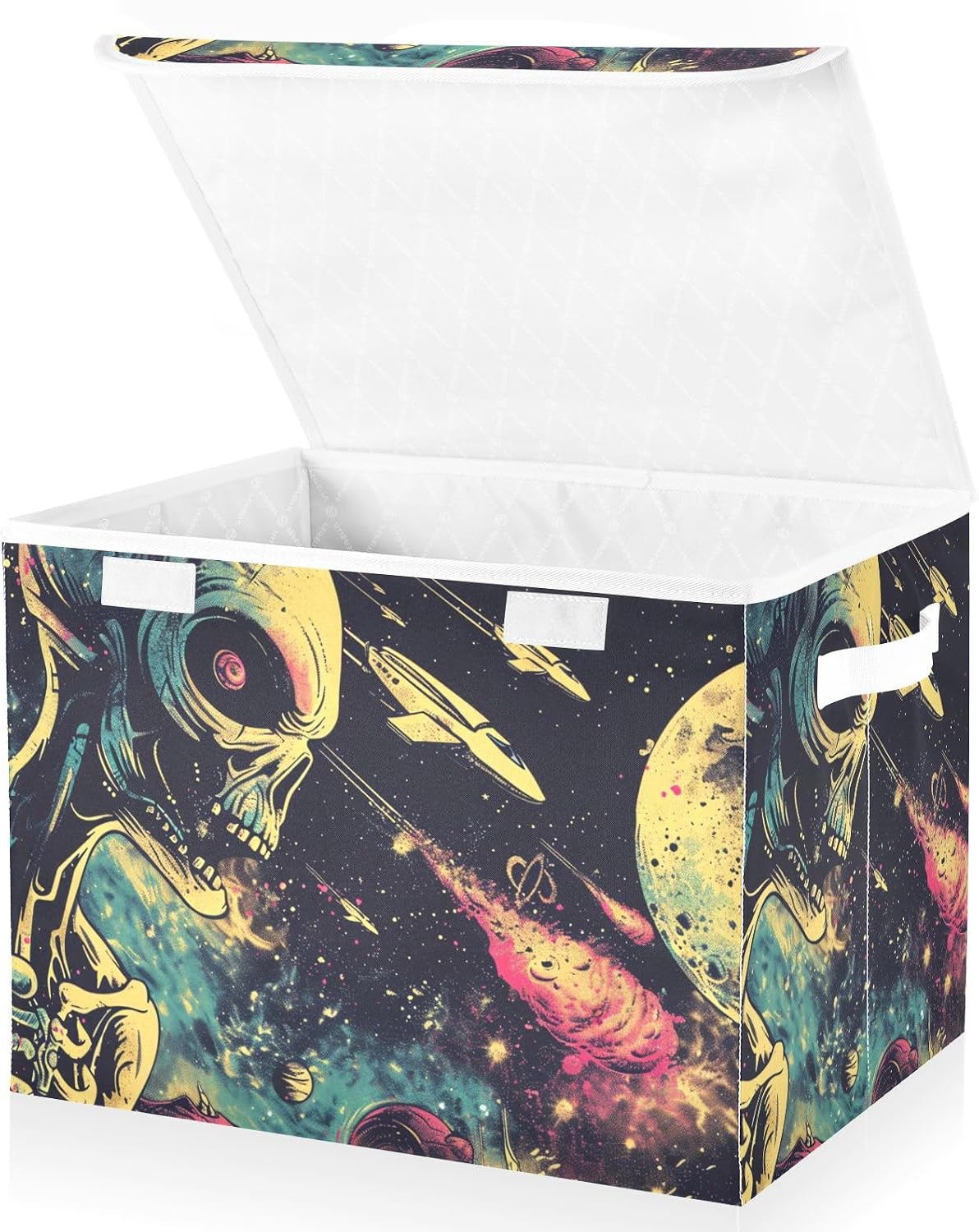 Alien Skull Space Large Linen Storage Bins with Lid & Handle Foldable Storage Cubes Organizer Box Basket with Flip-Top Lid for Home Office 16.5” x 12.6” x 11.8”