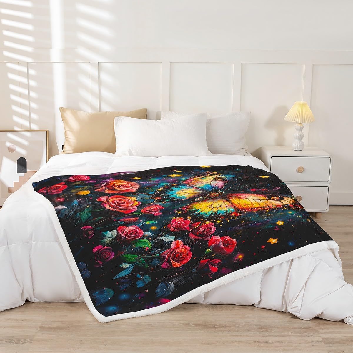 Feelyou Butterfly Sherpa Blanket Twin 60"x80" Rose Fleece Throw Blanket for Bed Sofa Couch Star Print Starry Sky