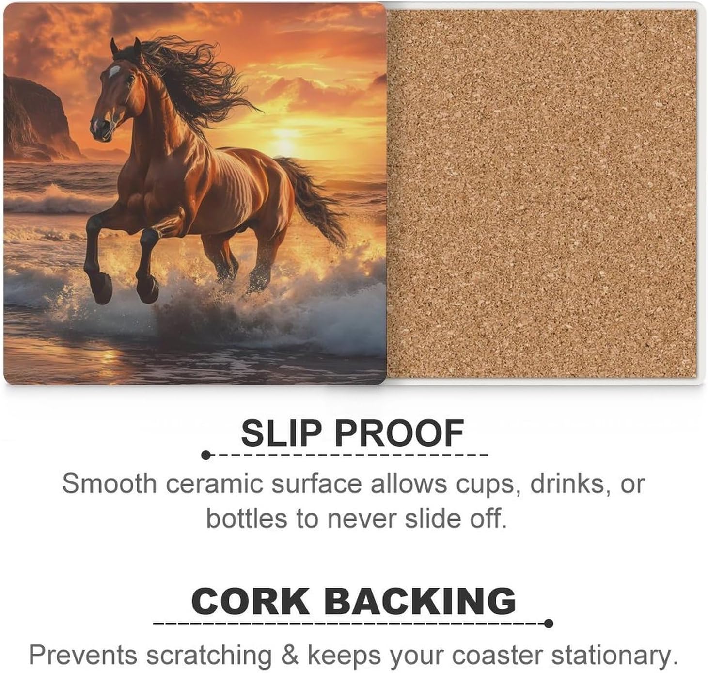 Galloping Horse Coasters for Drinks Square Ceramic Coasters Cup Mats with Cork Base