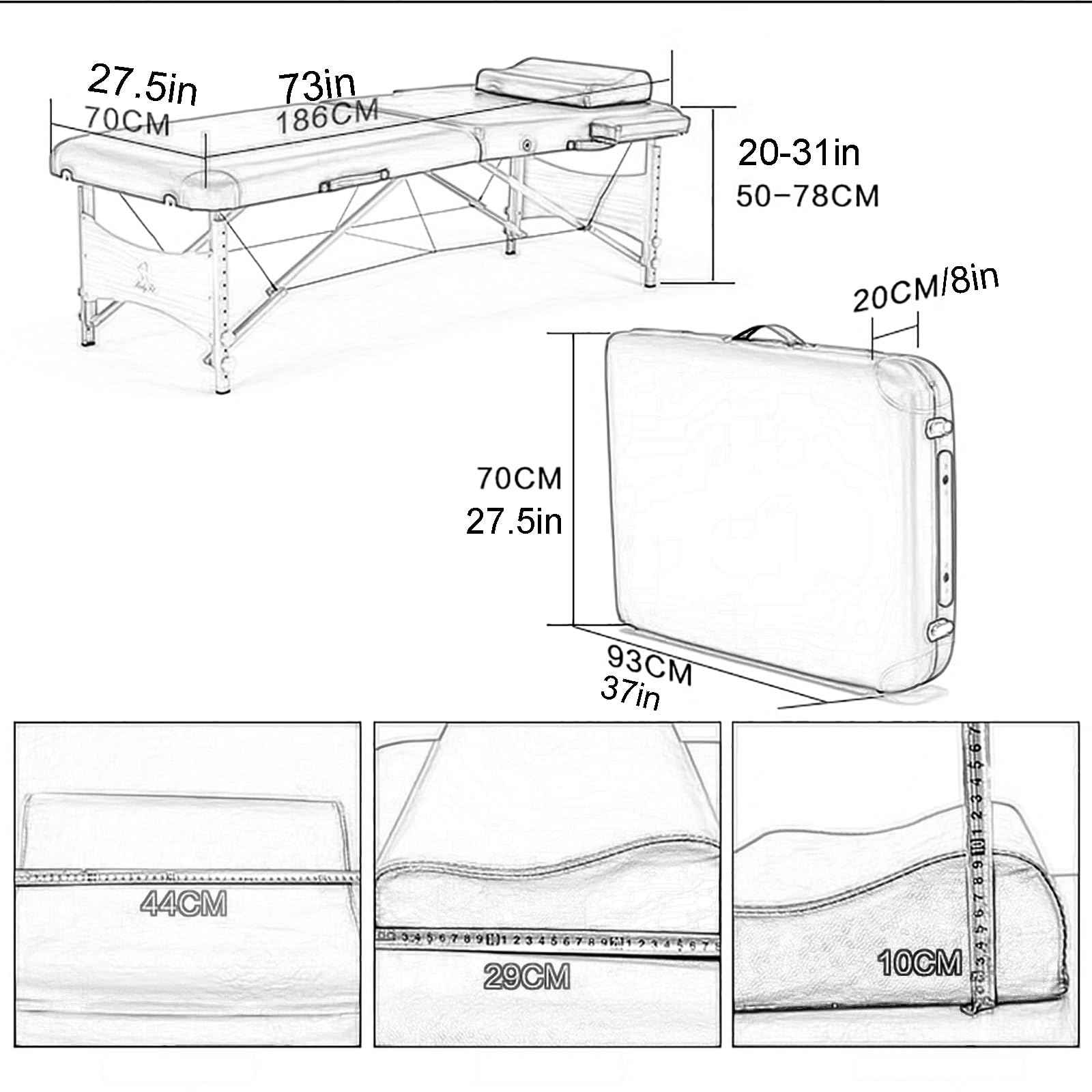 Gtzly Lettino Massaggio Portatile Lettino Pieghevole Portatile Leggero, Altezza Regolabile, Lettino Professionale for Salone di Bellezza con Cuscino E Custodia for Tatuaggi, Fisioterapia(White)