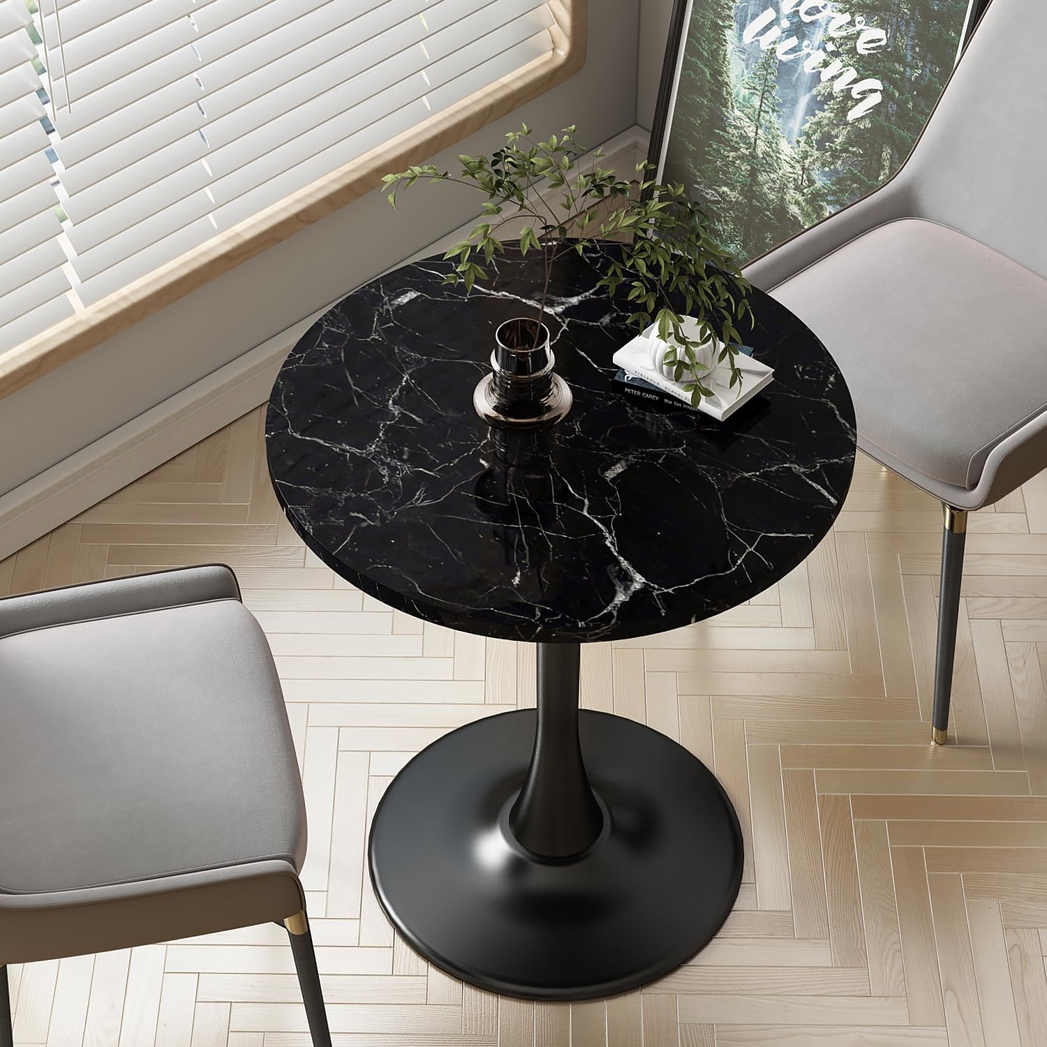 Table ronde en marbre noir - Table de salle à manger moderne - Texture marbrée - Table de cuisine ronde du milieu du siècle - Table basse pour salon - 61 cm
