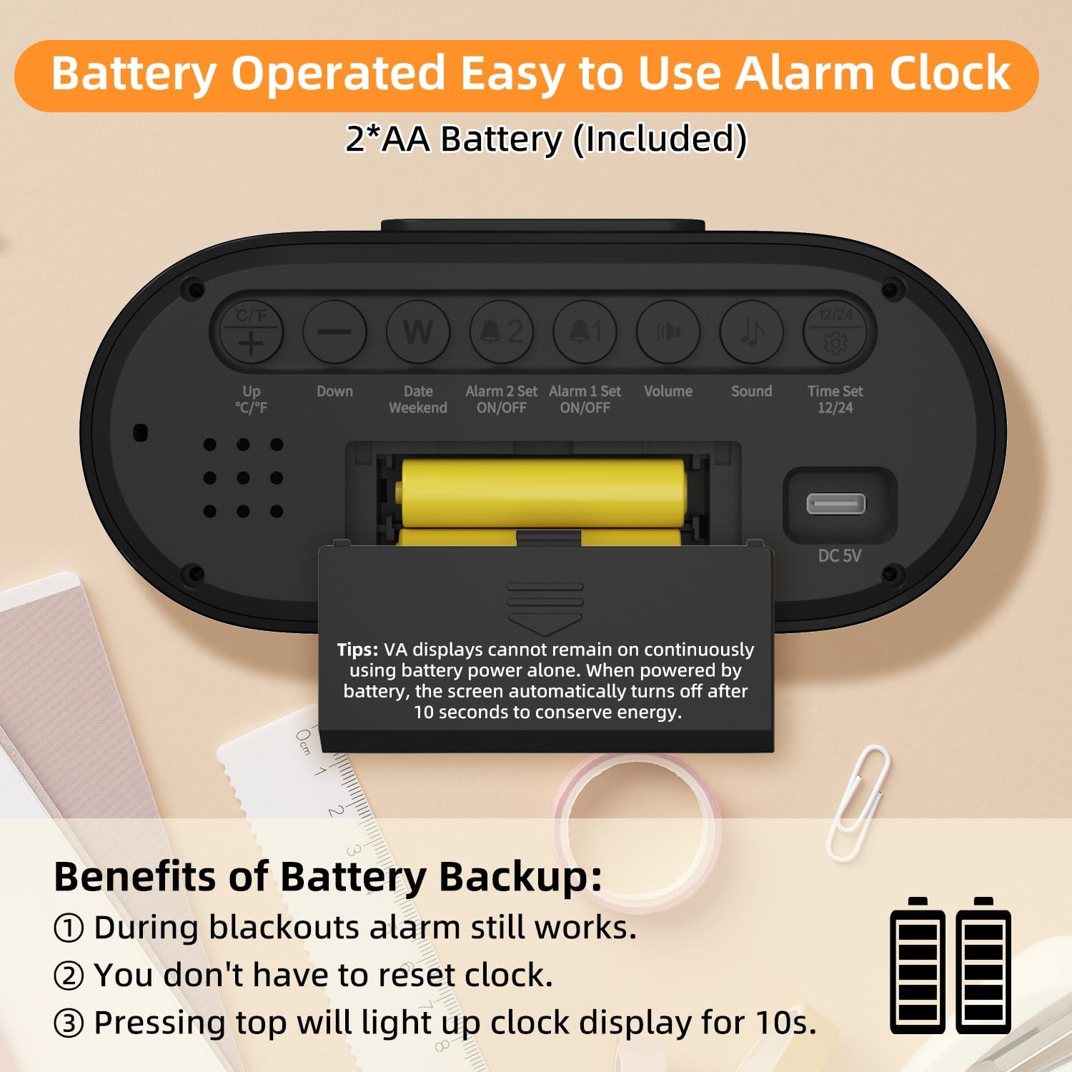 Back of DOOMAY Digital Alarm Clock showing battery compartment and control buttons