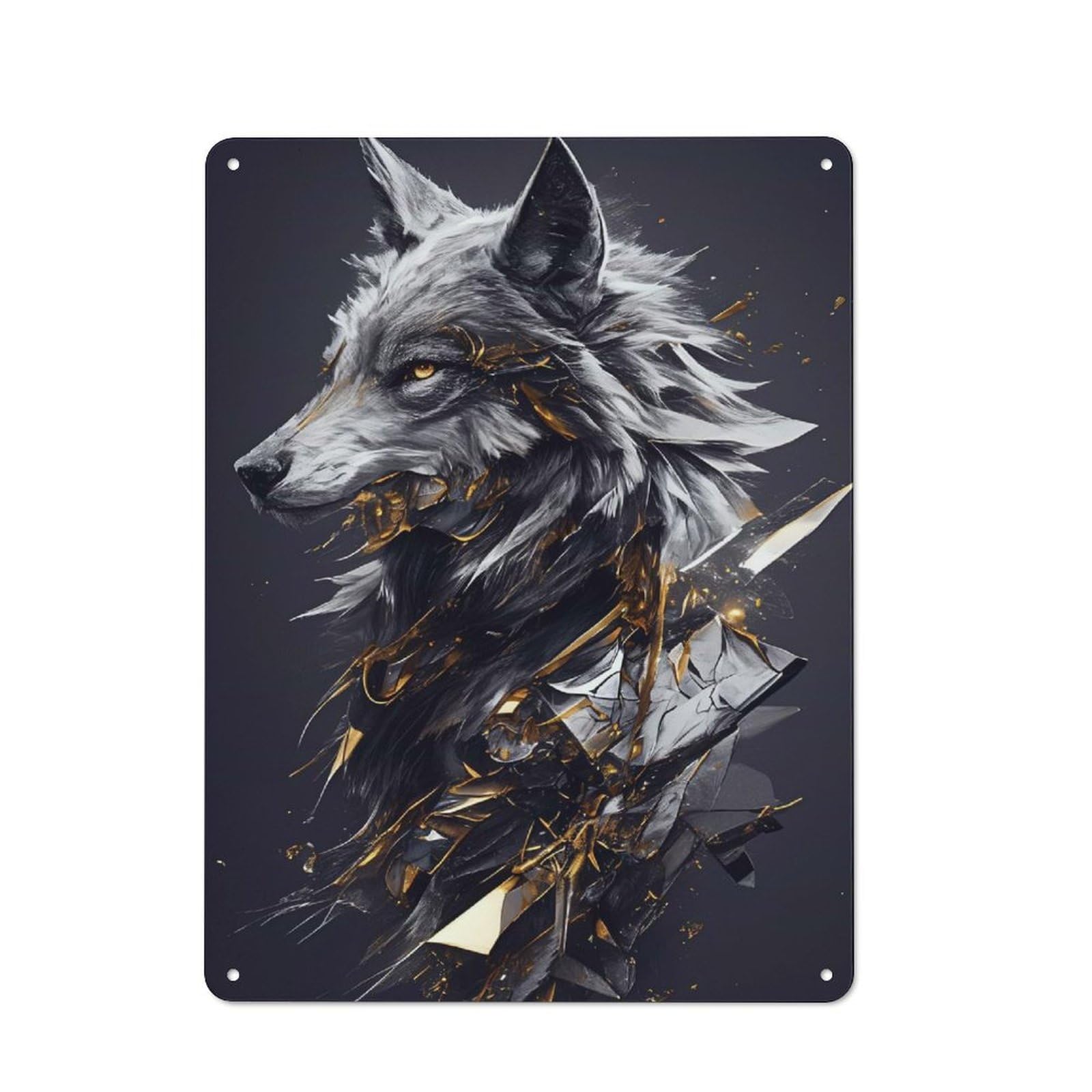Junmoney Style-1 Abstract Wolf Portrait With Golden Accents Vintage Metal Wall Sign 40X30cm For Garage Wall, Suited To Garage Decor Collectors
