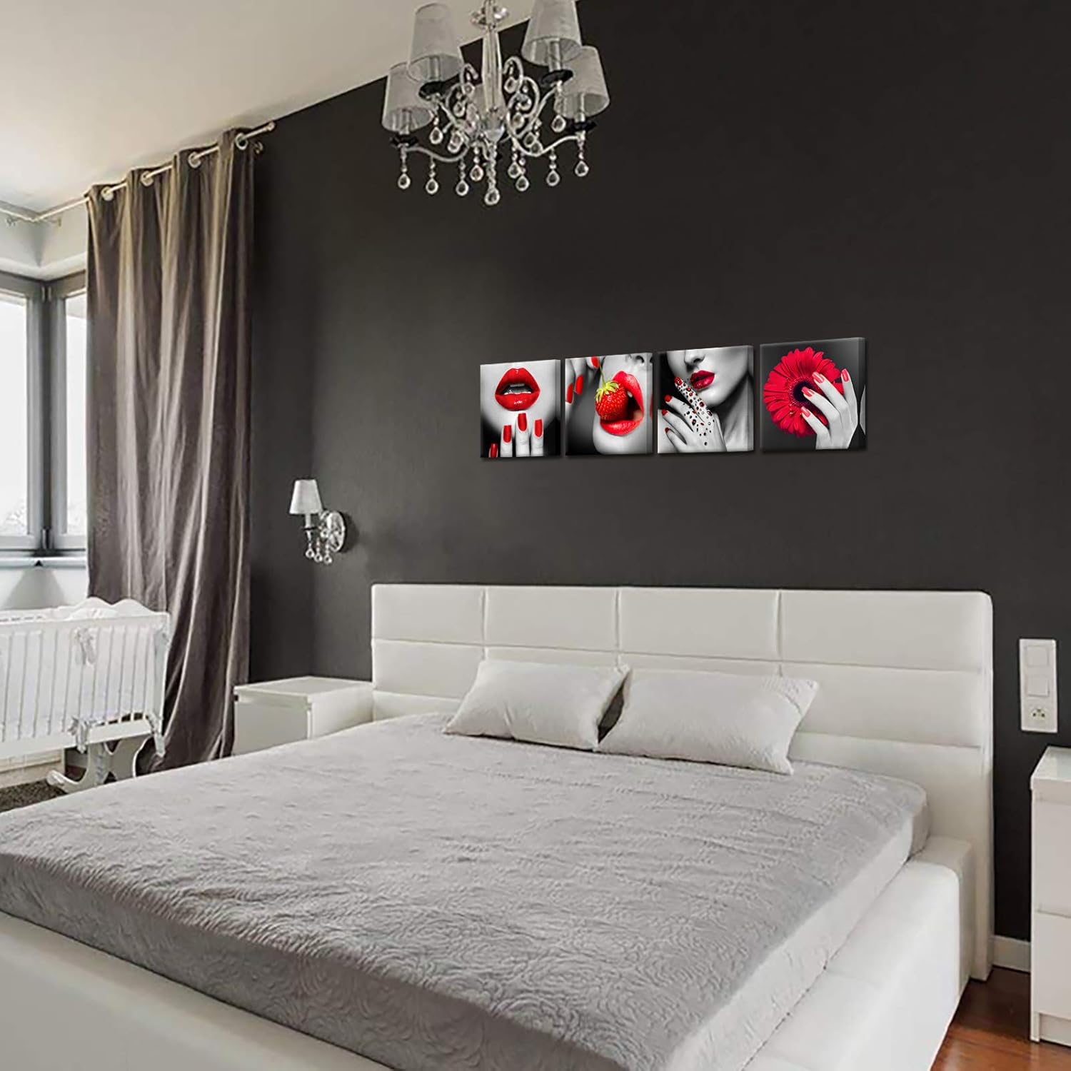 Biuteawal Modern Fashion Women Art Print Red Lip and Nail Canvas Prints Stylish Feminine Framed Wall Art Painting Make Up Artwork for Beauty Salon Girls Bedroom Bathroom Decoration Framed