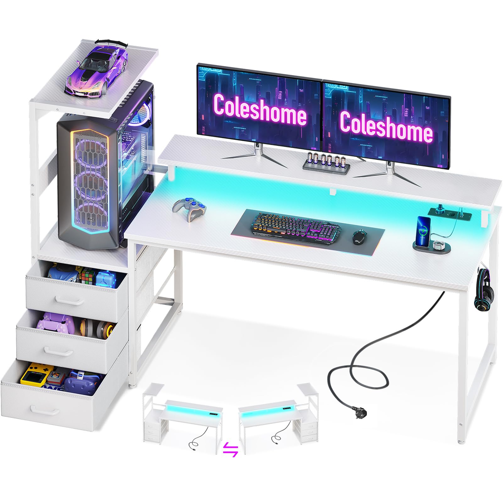 Coleshome Mesa Gaming con Luces LED y Tomas de Corriente, Escritorio Gaming Reversible con Cajones, Mesa Gamer con Estantes de Almacenamiento y Soporte de Pantalla, Fibra de Carbono Blanco, 151×50 cm