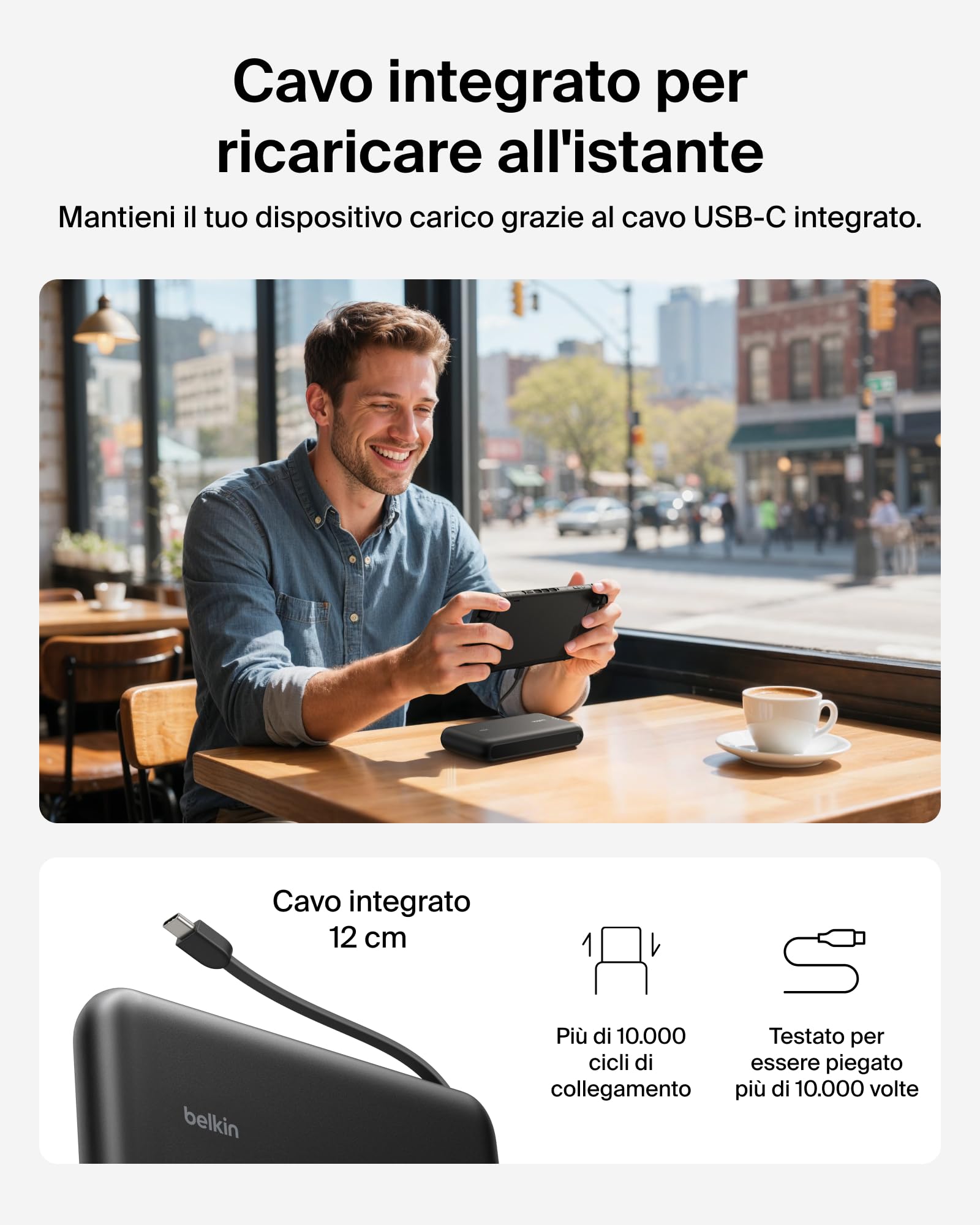 Belkin Gaming Power bank 20000 mAh 30W con cavo USB-C integrato, ricarica rapida USB-C PD, caricabatteria portatile per Nintendo Switch 2, iPhone 16, iPad Pro, Galaxy S25 e altri, nero