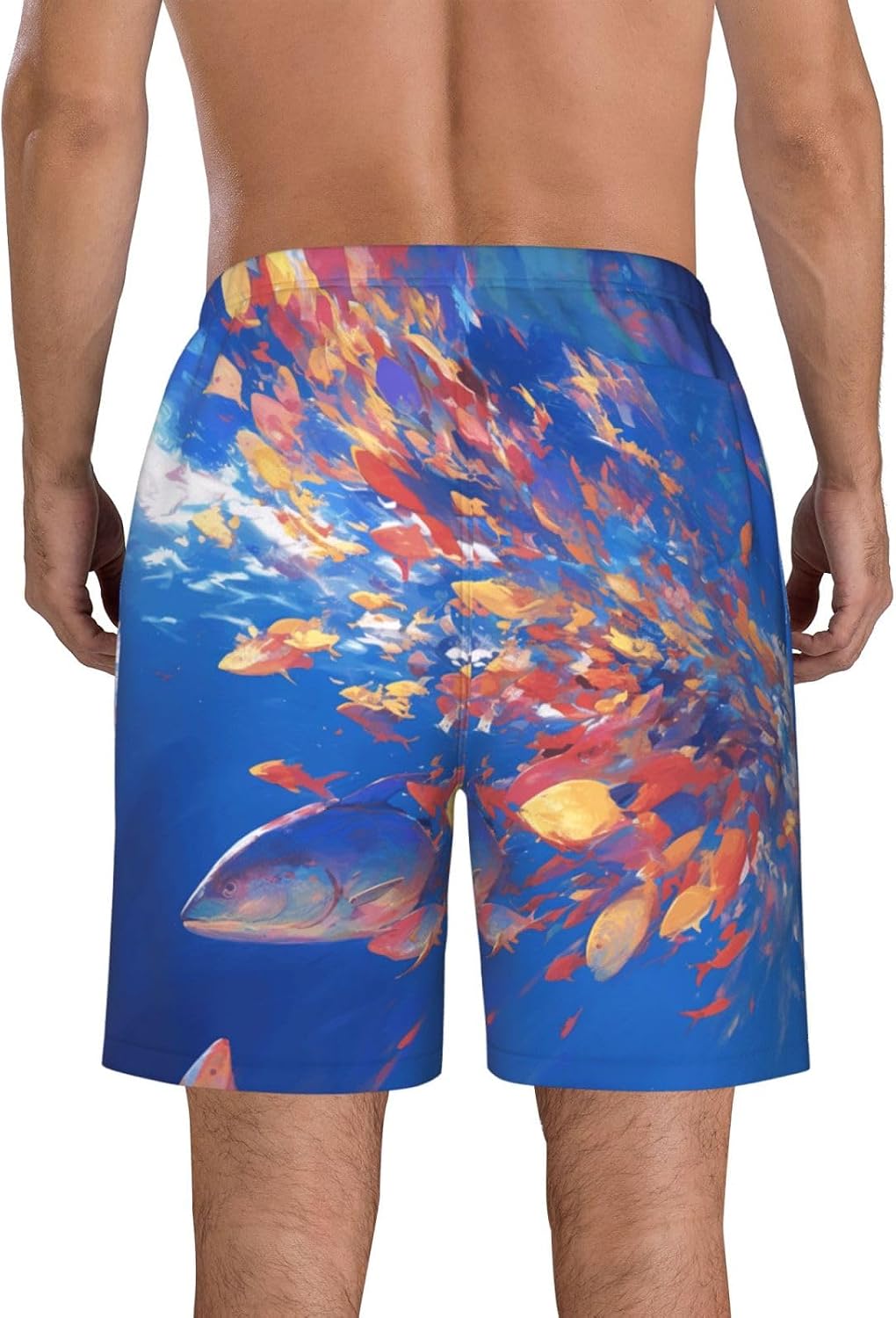 Colorful Fish Groups Print Mens Casual Shorts Drawstring Summer Beach Stretch Shorts Novelty Swimtrunks