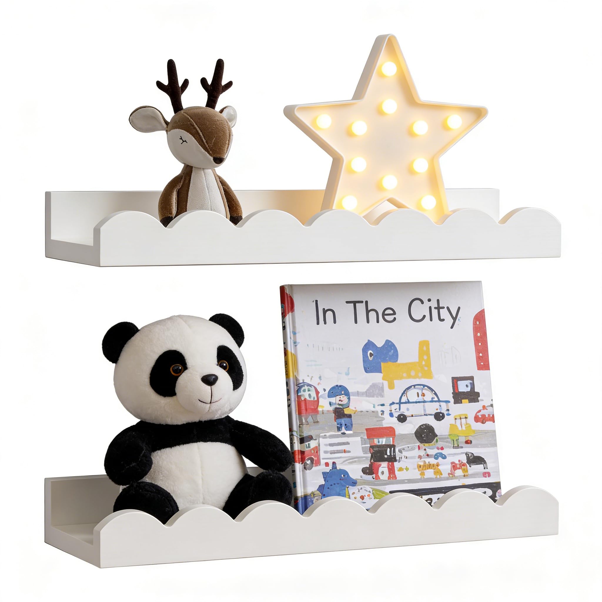 SunYoda Floating Bookshelf, Scalloped Nursery Book Shelf set of 2 Solid Pine Wood Toddler Room Decor Wall Mounted Bookshelves for Bedroom Kids (white)