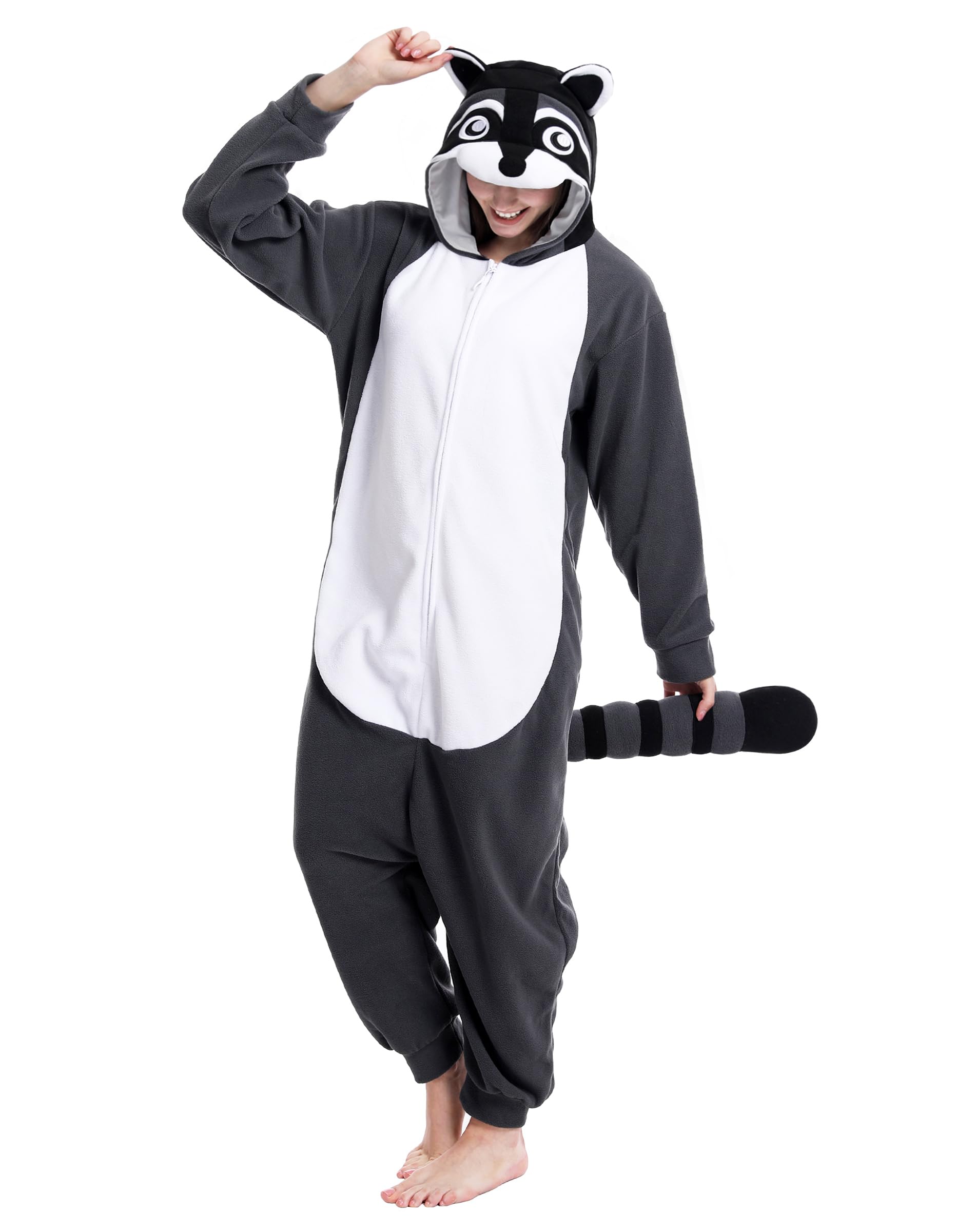 dressfan Unisex Pigiama da Procione Onesie Costumi,Grigio Animali Monopezzi Pigiama Halloween Carnevale Costumi e Cosplay,Regali di Natale per Donna Uomo