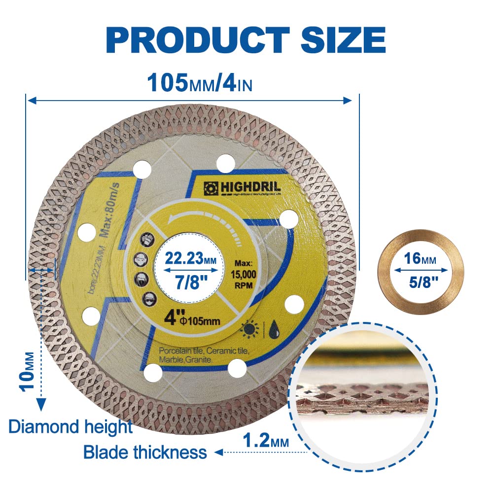 Hoja de diamante superfina, HIGHDRIL 3 piezas 100mm con cenador de 7/8 a 5/8 pulgadas,hoja de diamante seca húmeda con borde de malla X Angel Grinder disco porcelana cerámica terracota granito mármol