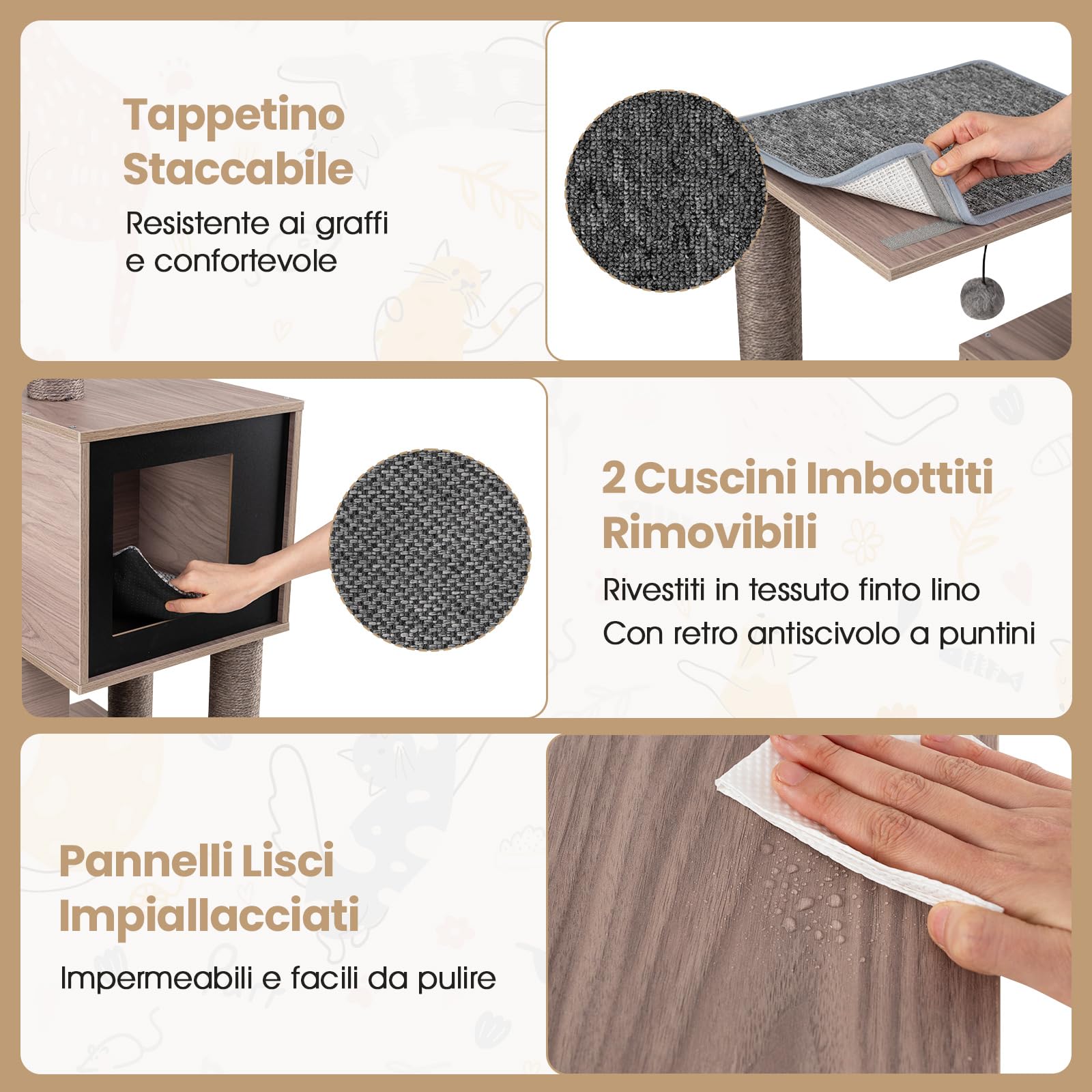 COSTWAY Tiragraffi per Gatti in Legno 94 cm con Sisal e Condo | Albero per Gatti da Interno con Posatoio, Gioco Appeso, Cuscini Rimovibili e Tappetino per Gatti Adulti e Cuccioli