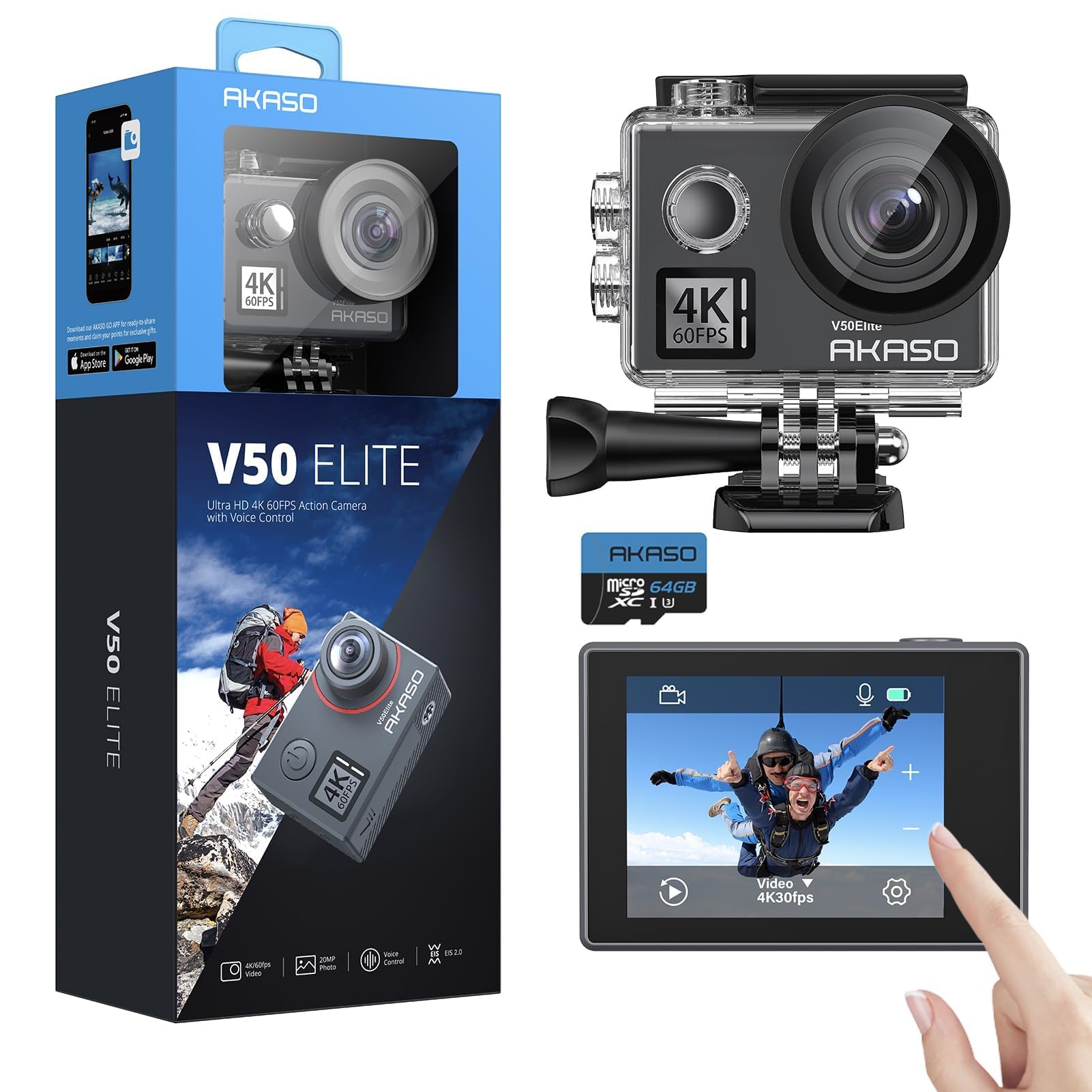 AKASO V50 Elite Action Cam,4K60FPS 20MP Unterwasserkamera mit 64GB U3 Speicherkarte WiFi mit Touchscreen EIS 40M Sportkamera 8X Zoom Sprachsteuerung Fernbedienung Zubehör Kit