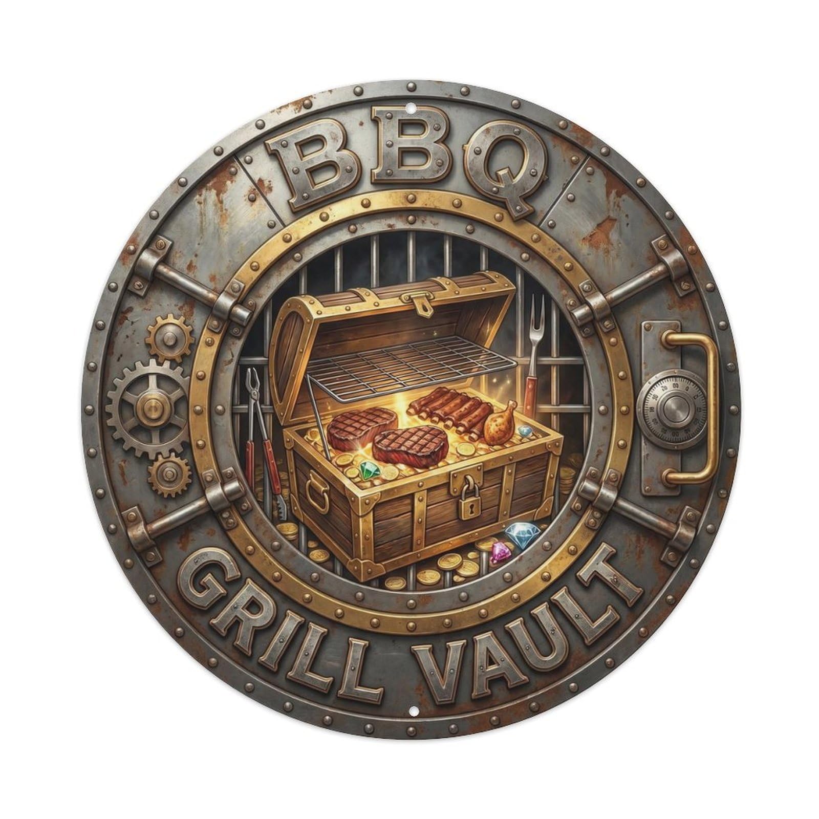 BBQ Barbecue Grill Vault Vintage Metal Tin Sign Plaque Wall Decor for Cafe, Club, Garden Round Metal Poster 8x8Inch