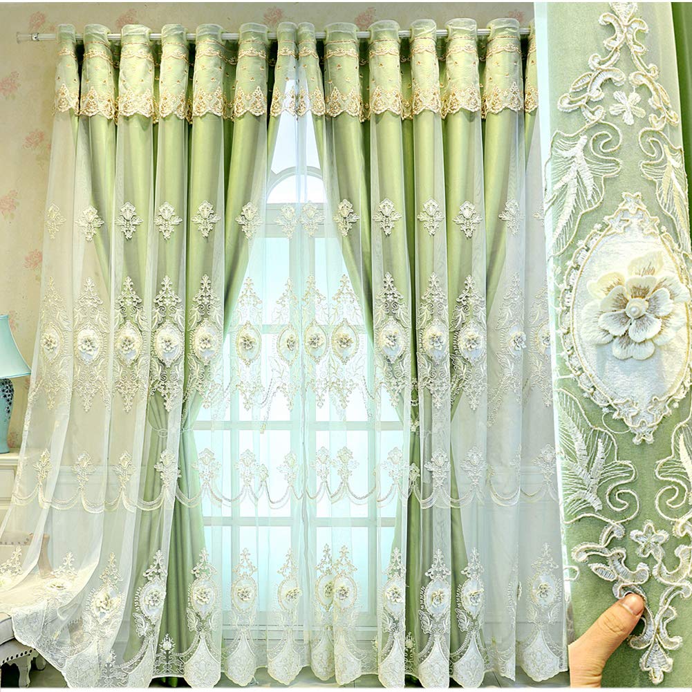 HAPPLiGNLY Blackout Curtain Double Layer for Living Room,Pretty Lace Embroidery Sheer Voile Shading Curtain,Darkening Window Drape Valance Panel,Girl Bedroom Solid Thermal Insulated Eyelet Cu