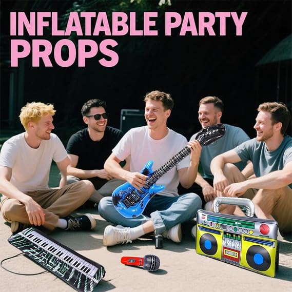 10 Pieces Inflatable Music Instrument Party Props Set Includes Saxophone, Bass, Microphone, Rock Electric Guitar and Recorder for All Music-Themed Gatherings