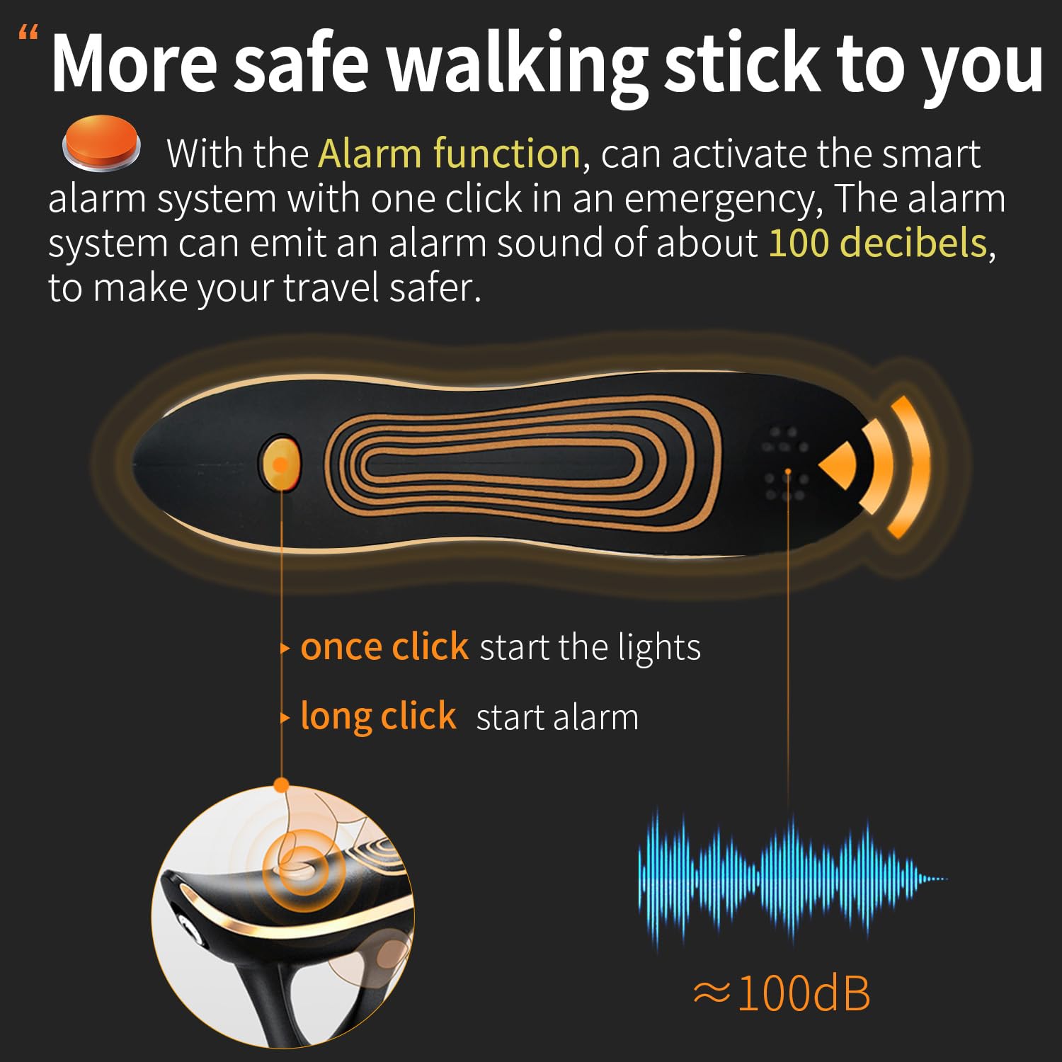 Bastón de alarma inteligente para hombres y mujeres, bastones telescópicos y ajustables para personas mayores, carga directa USB con luz LED, un bastón para tres propósitos, ligero y estable