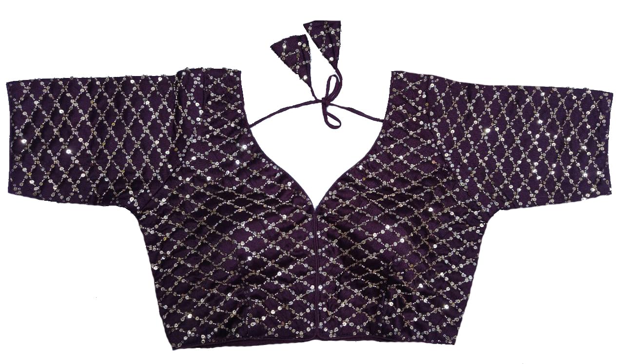 Pujia Mills Woman Italian Silk V- Neck With Short Sleeve With Khatli Work Sequence Design Readymade Blouse 38 Size Wine