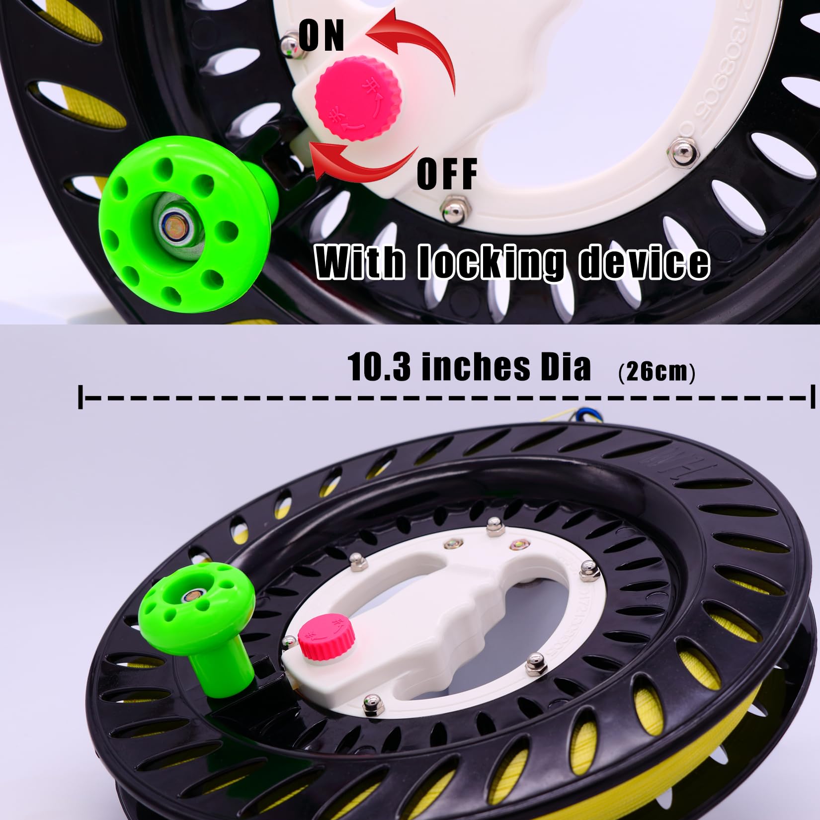 Bobina per aquiloni per adulti, diametro 26,2 cm con corda per aquiloni, avvolgitore per aquiloni con blocco e connettore, bobina per aquiloni per adulti (nero)