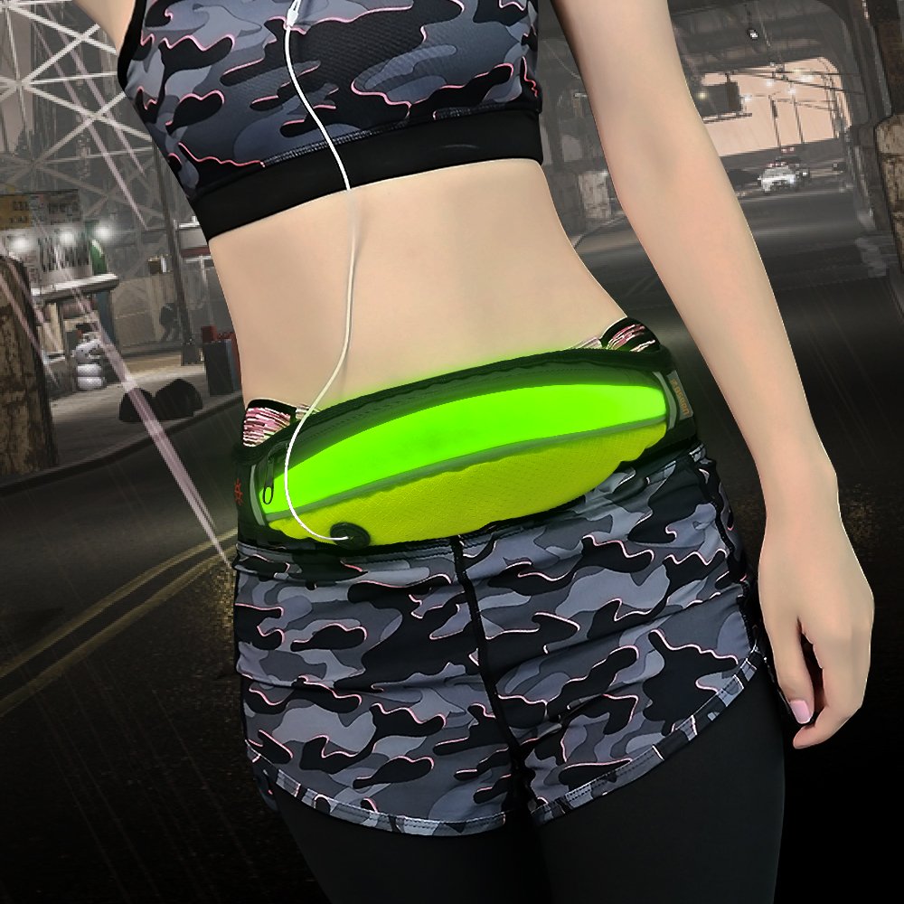 Bseen USB Rechargeable Running Belt LED Waist Pack for Runners - Fanny Pack Fit for iPhone 6/6S/Samsung Galaxy - with Earphone Hole - Waterproof Zipper - Sport Safety (Green + Green)