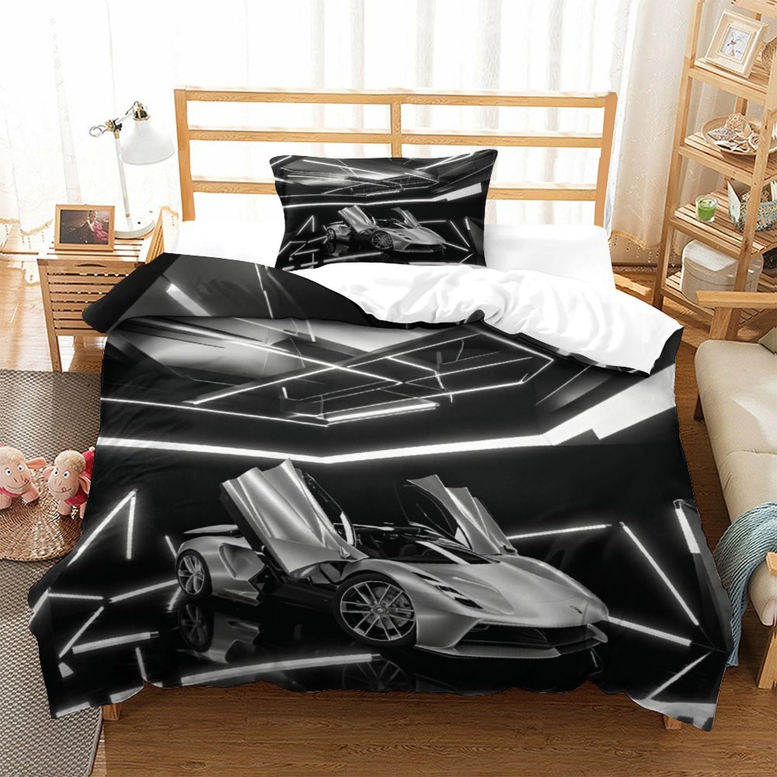XiaopangXY Supercar Warmth to Sleep Comforter Cover Hidden Zipper Luxury Car Duvet Cover Set with Pillowcases Bedding Set Soft Microfiber Luxury Quilt Cover Set Single（135x200cm）