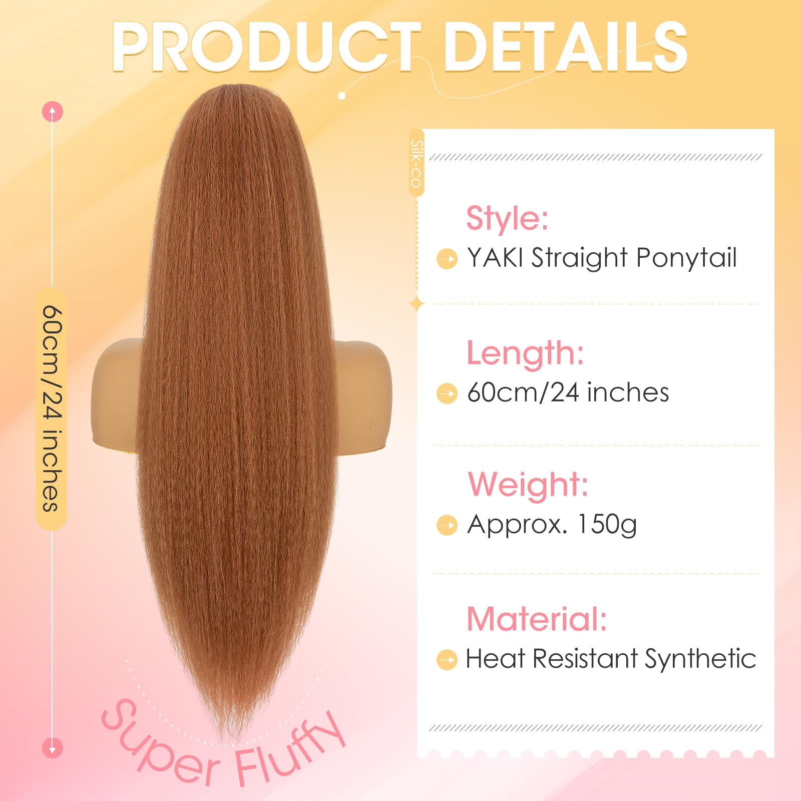 Silk-co Yaki Hair Ponytail Drawstring Ponytail for Black Women Yaki Straight Ponytail Hair Extension Long Thick Pony Tail Clip in Synthetic Hairpiece 24 Inch(60 cm-150g) Light Auburn - Image 2