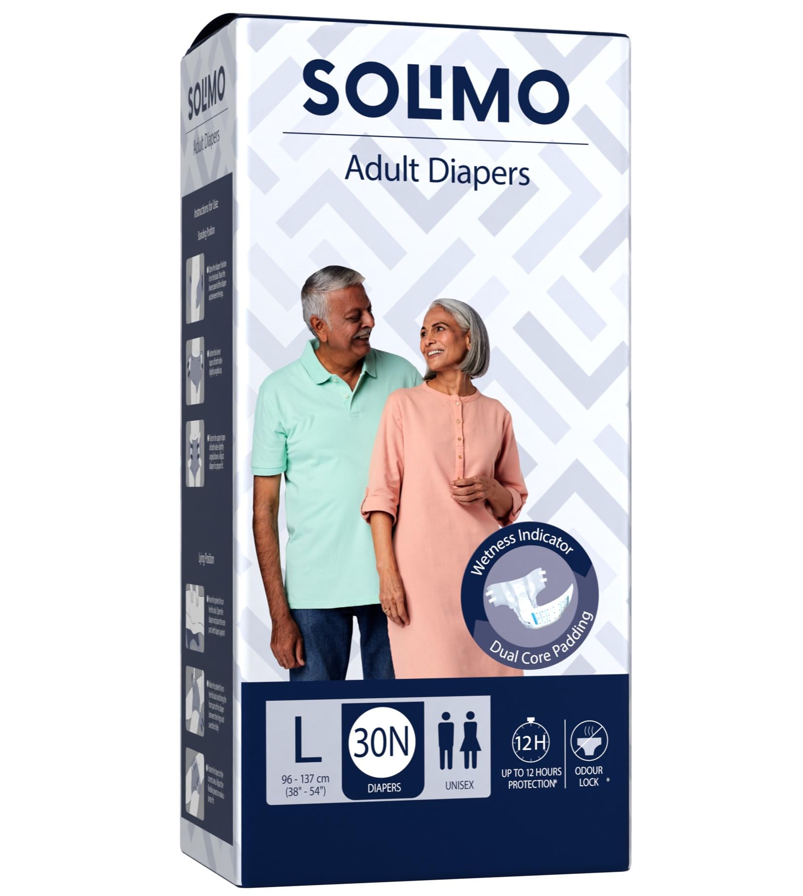 Amazon Brand - Solimo Adult Diapers Tape Style | Large Size | 30 Count | Waist 38-54 Inch (96-137 cm) | Fast Absorption | Leak Proof | Unisex | For Men & Women