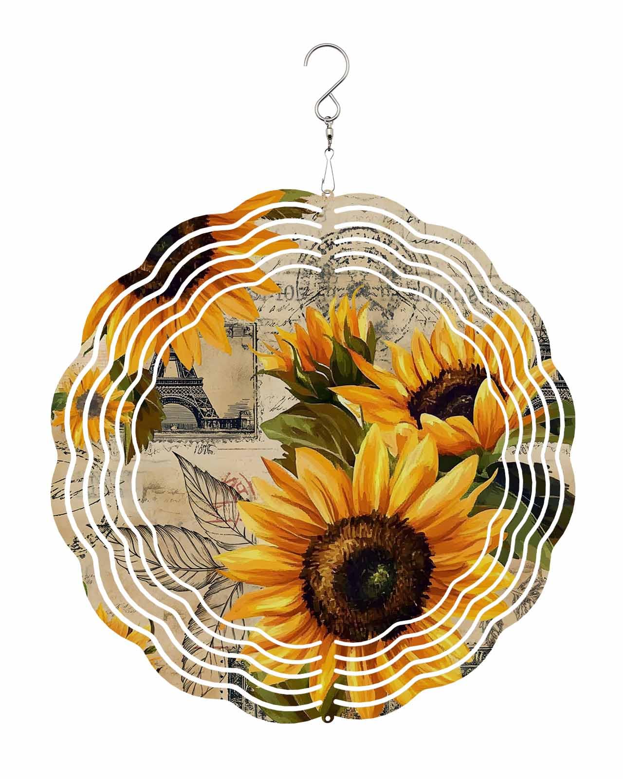 Plant Wind Spinners, Retro Sunflower Hanging Wind Spinners for Yard and Garden 3D Stainless Steel Metal Sculptures Crafts Ornaments 10 Inch