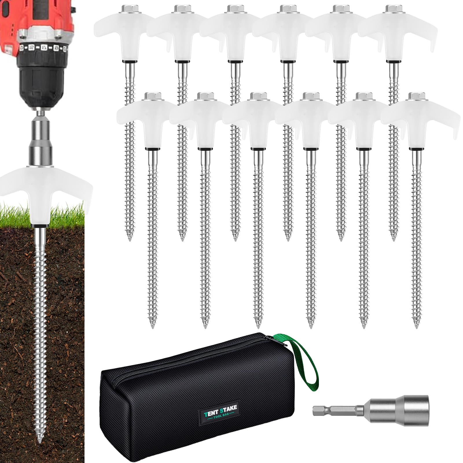 12 Stück 20,3 cm robuste Zeltheringe zum Einschrauben, Metall-Campingpfähle, Bodenanker, Gewindepfähle für Vordächer, Gartenarbeit, Hof, aufblasbare Gegenstände, mit Innensechskant und