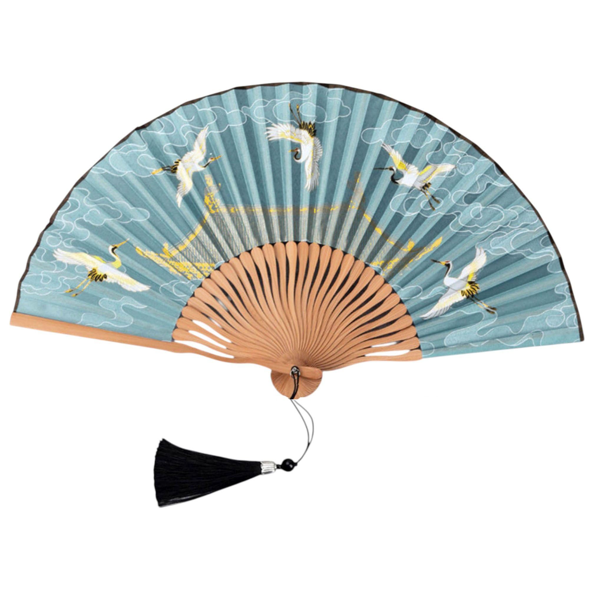 GFM® Bamboo Silk Handheld Folding Japanese Chinese Hand Fan Foldable for Summer, Wedding -Cranes-Turquoise-(MR-E) (FLSLK-JC-6-TX)