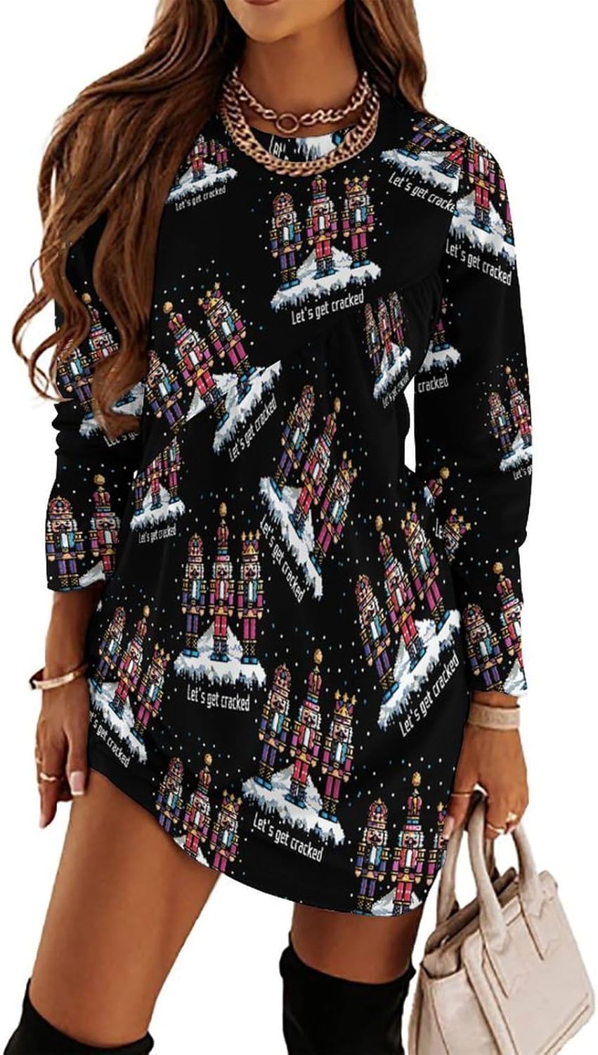 Christmas Nutcracker Squad Women's Fleece Sleeve Sweatshirt Dress Long Pullover Casual Dresses