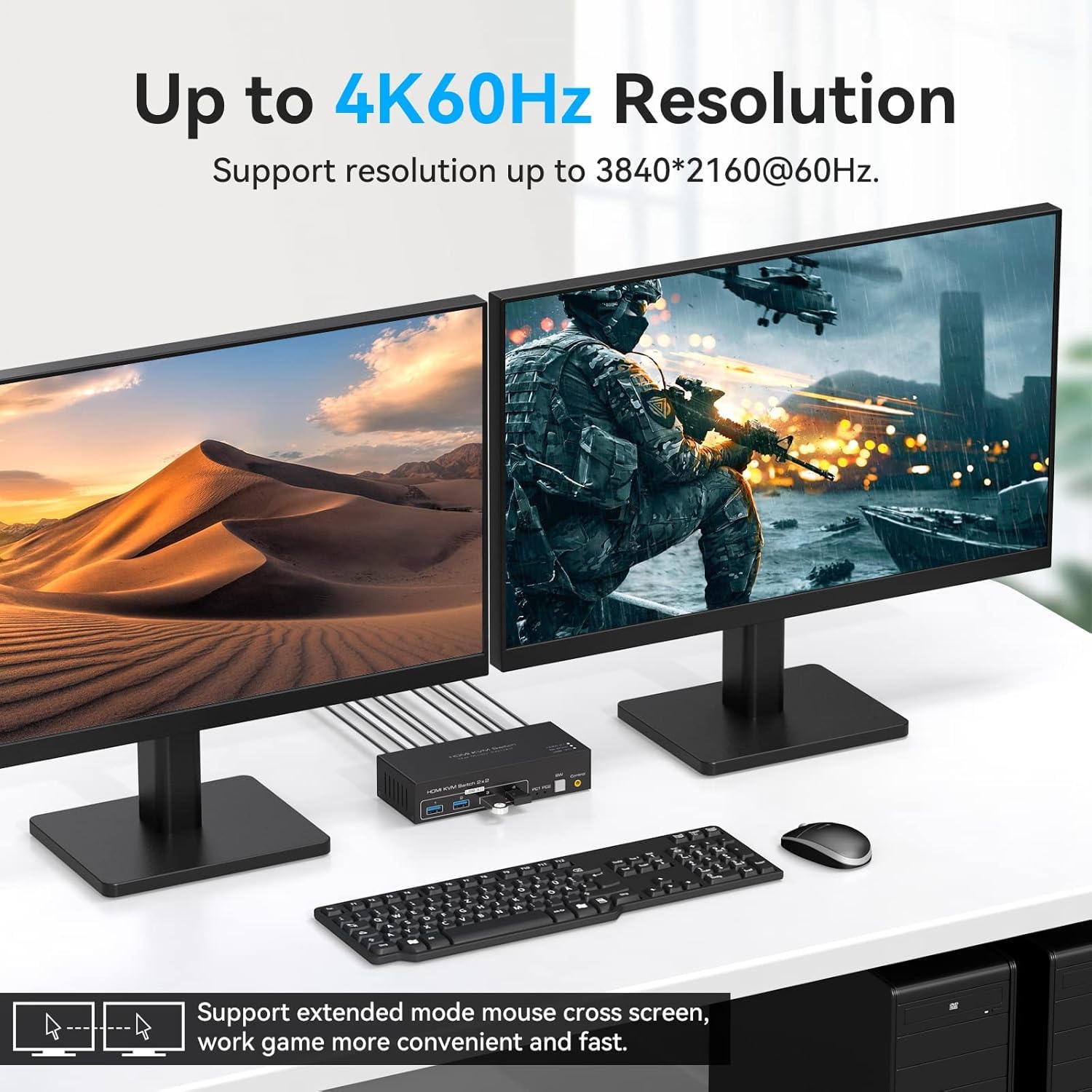 VPFET HDMI KVM Switch 2 PC 2 Monitore 4K60Hz KVM Switches Dual Monitore mit 4 USB Ports Unterstützung Kopieren und Erweiterte Anzeige und Desktop Steuerung Inklusive 2 USB3.0 Kabel